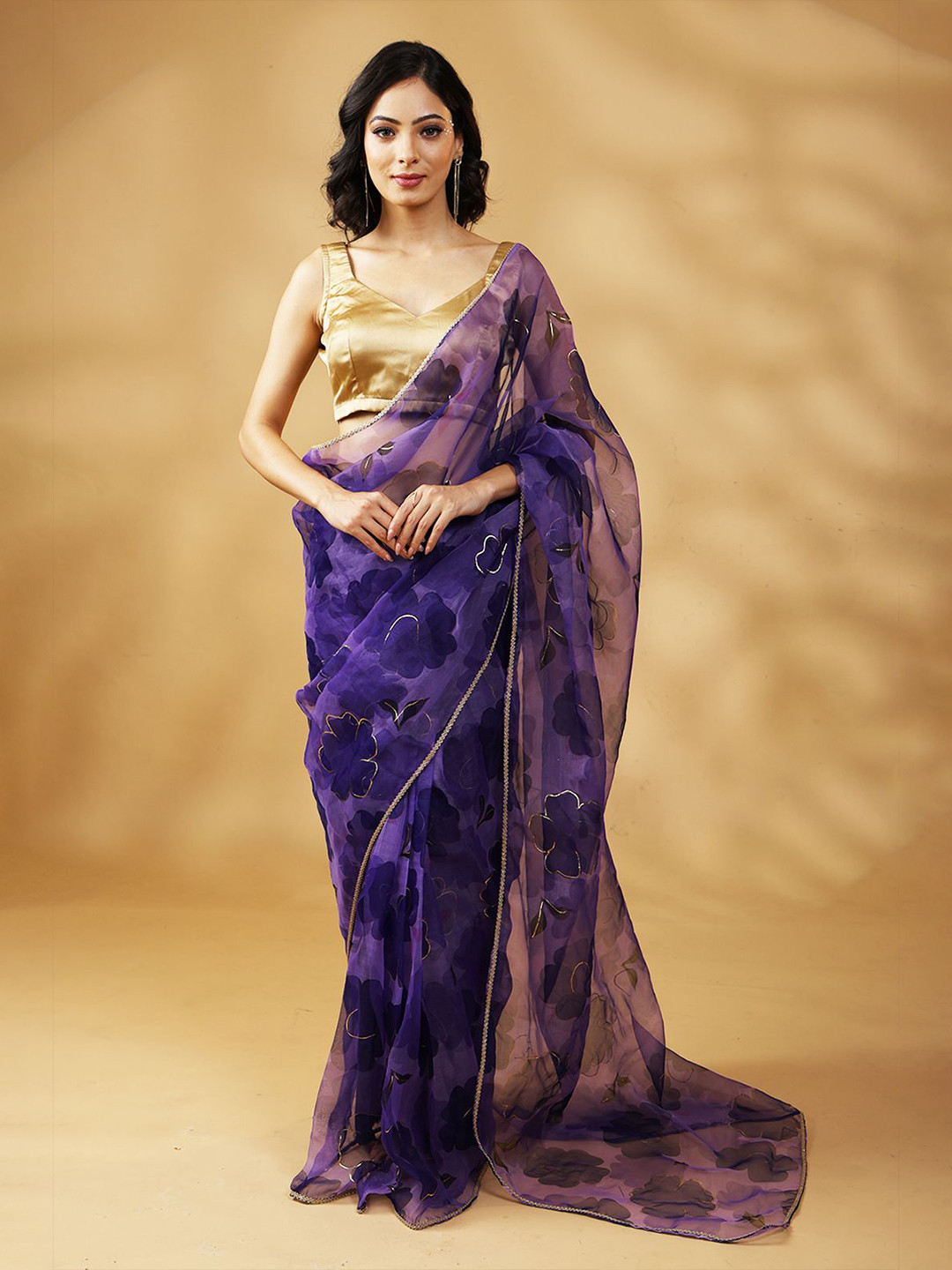 HANDME Sunehri Saaj Blue Organza Saree with Golden Detailing and Blouse Fabric