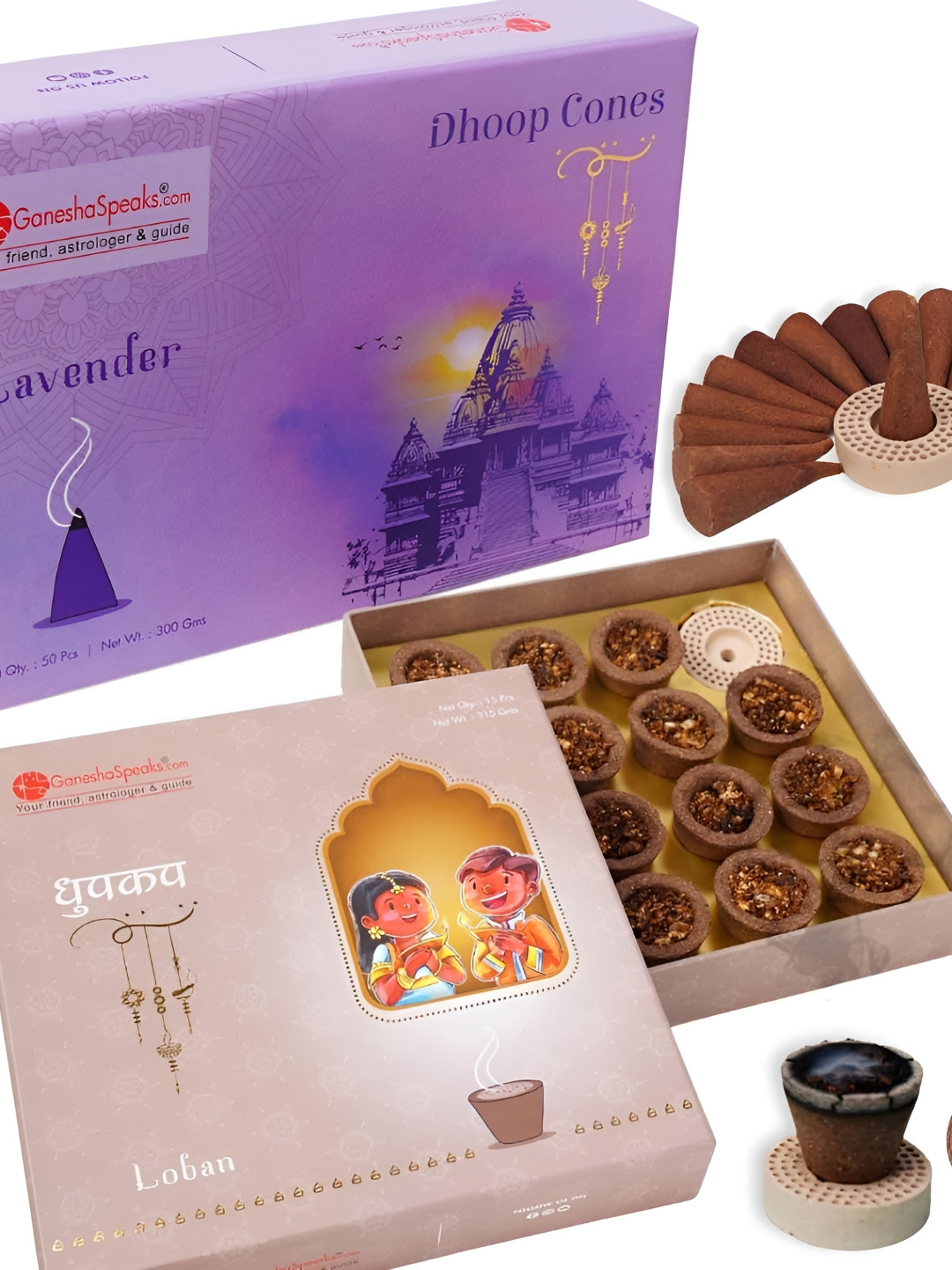 GaneshaSpeaks 65-Pcs Brown Wooden Loban Dhoop Cup & Lavender Dhoop Cone