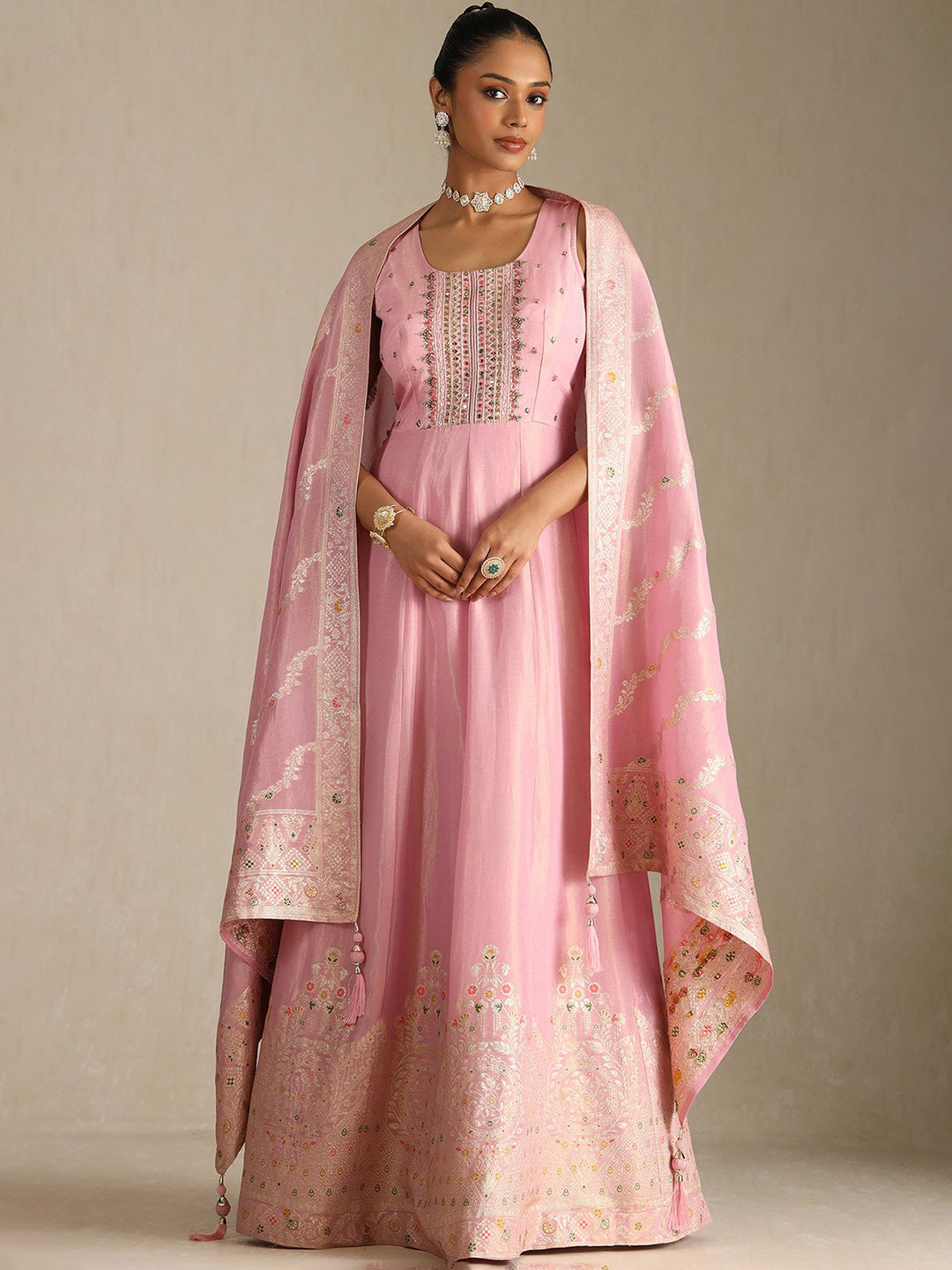 Soch Mirror Embroidered Round Neck Maxi Ethnic Dress With Dupatta