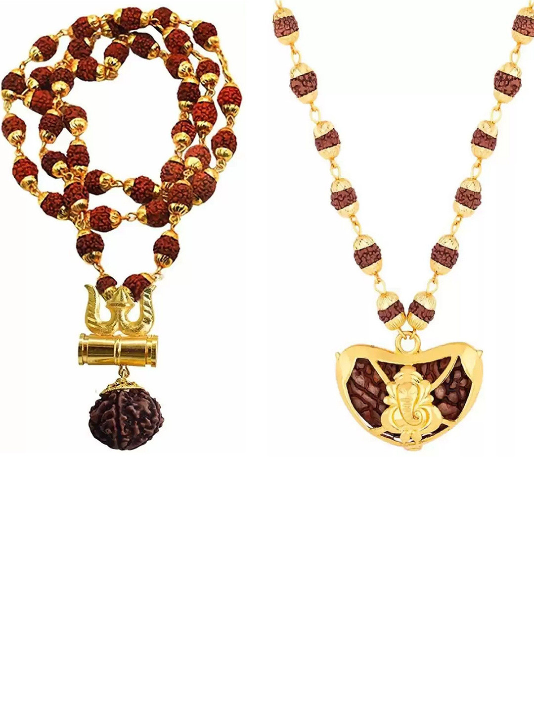 Crazy Fashion Unisex Set Of 2 Stainless Steel Rudraksha Beaded Shiva Trishul Mala Chains