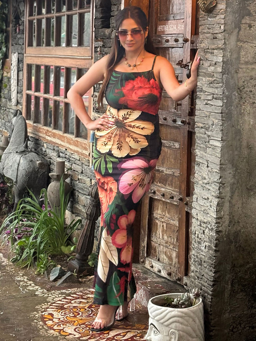 TANDUL Tropical Print Shoulder Straps Sheath Maxi Dress