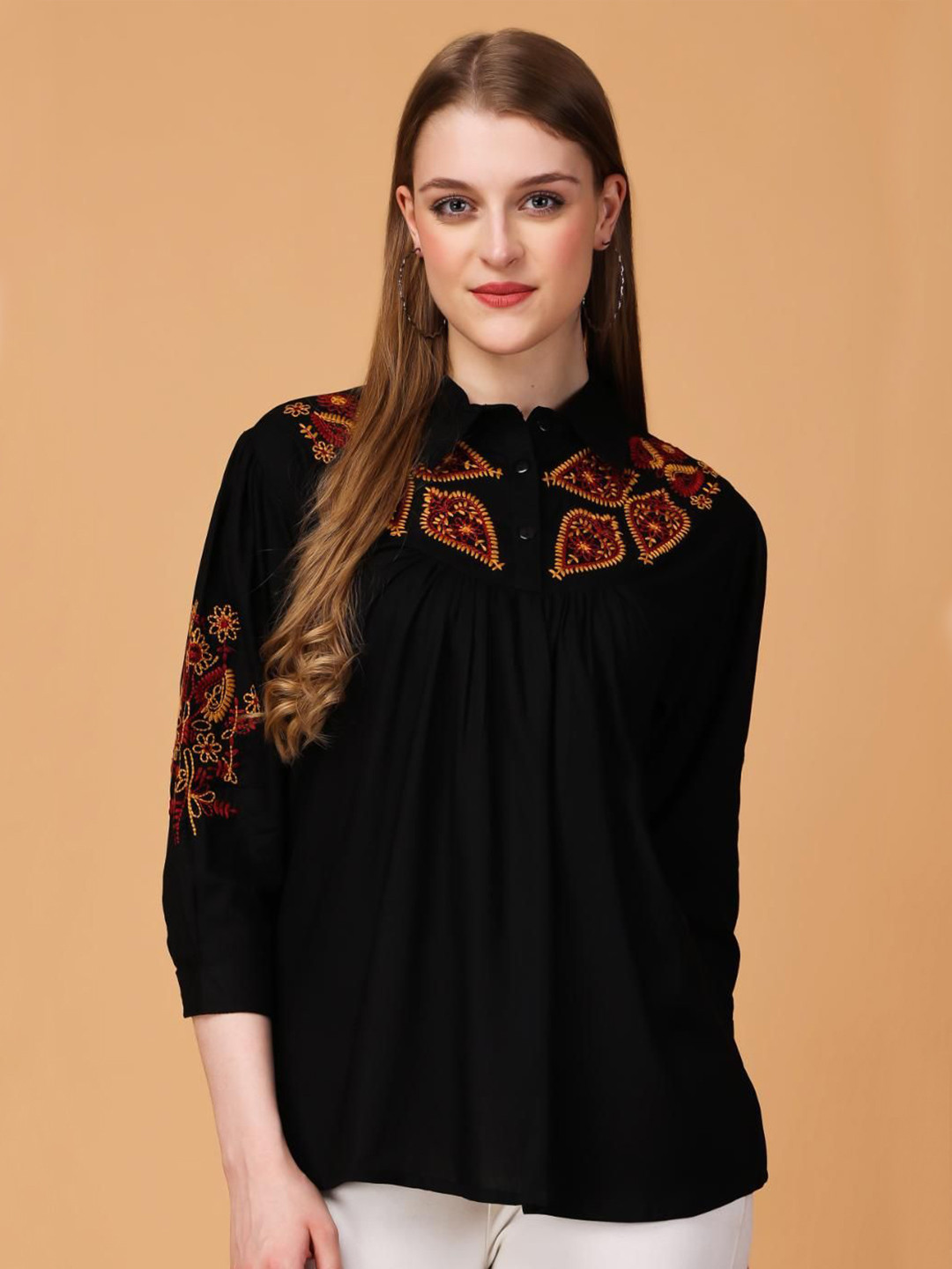 girlsify Ethnic Motifs Embroidered Shirt Style Top
