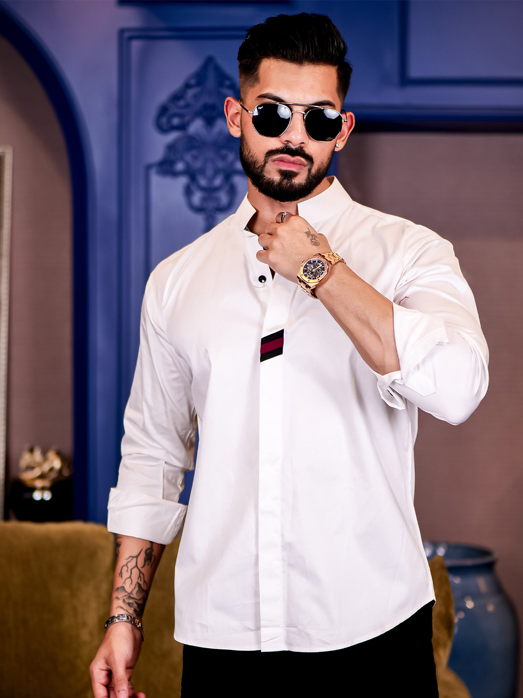 Foomer Standard Cutaway Collar Long Sleeves Cotton Regular Fit Shirt