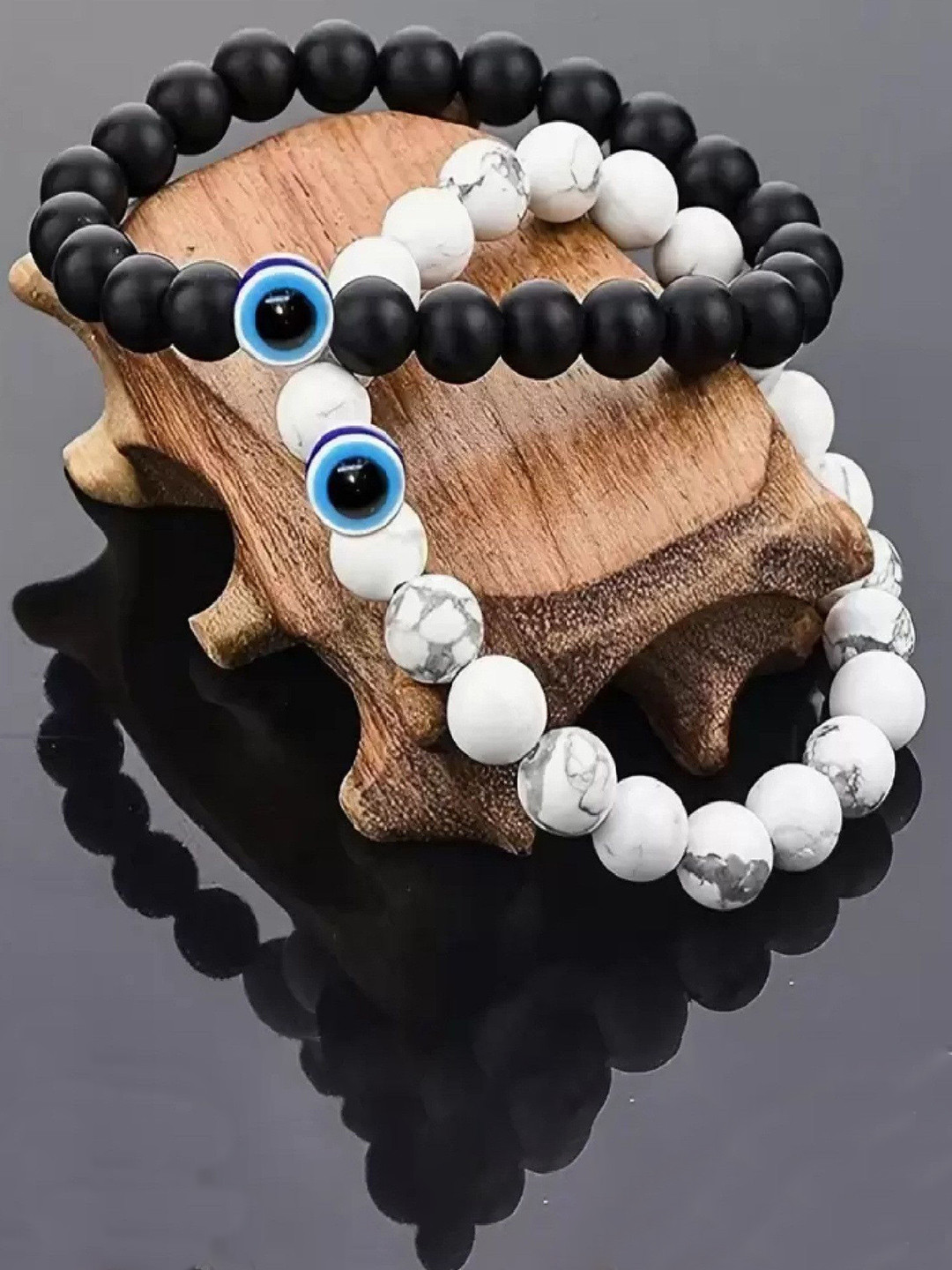 Crazy Fashion Unisex Set Of 2 Stainless Steel Evil Eye Agate Beaded Elasticated Bracelets