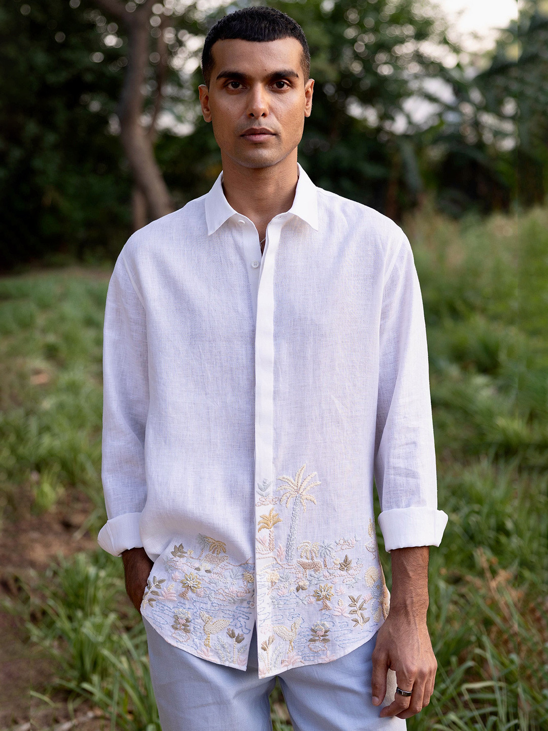 ASUKA Floral Embroidered Self Design Spread Collar Long Sleeves Linen Relaxed Fit Shirt