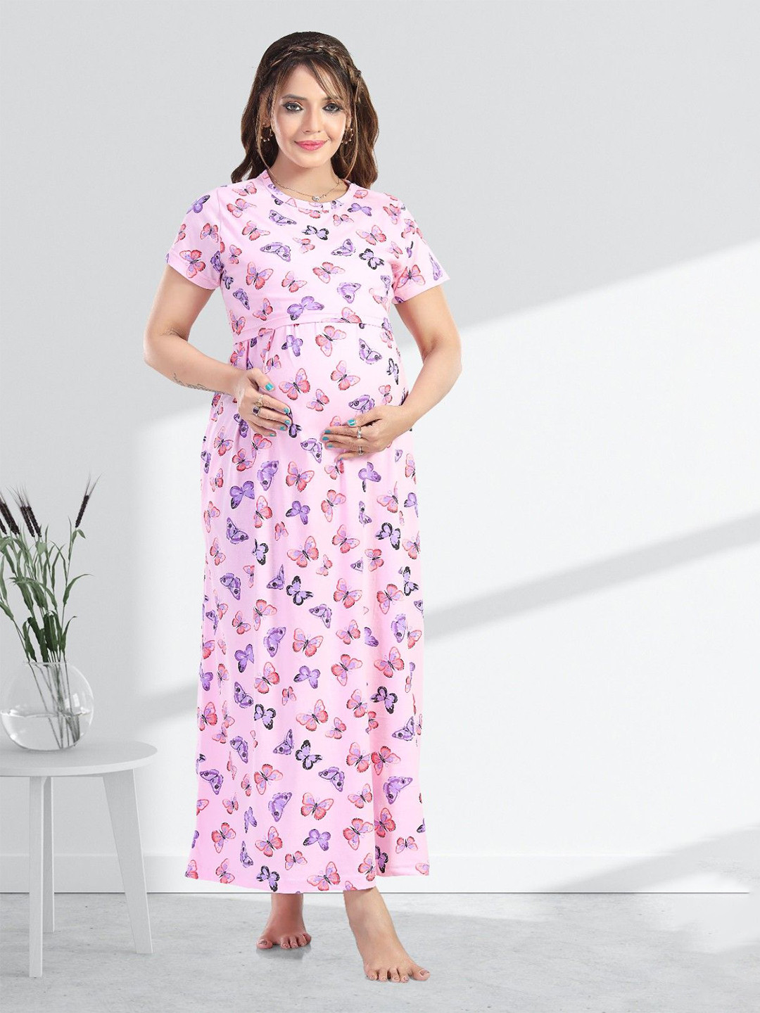 MomsBae Women Maternity Butterfly Printed Maxi Pure Cotton Nightdress