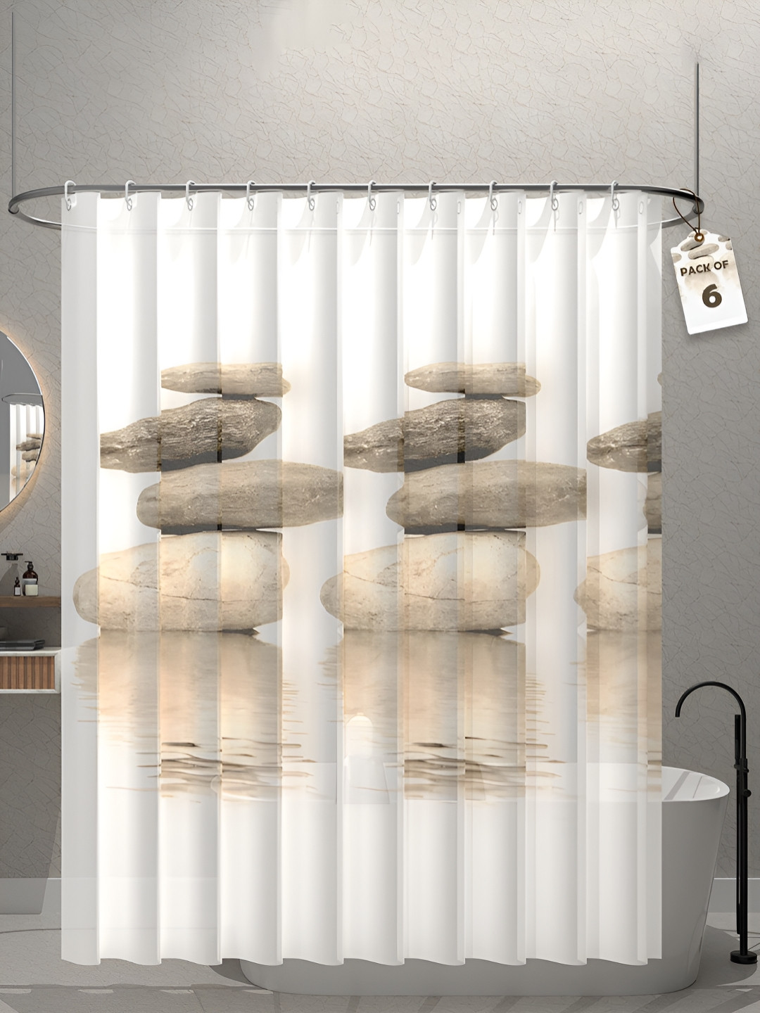 Aura 6-Pcs White & Grey Stone Printed Waterproof ShowerCurtainWithHooks