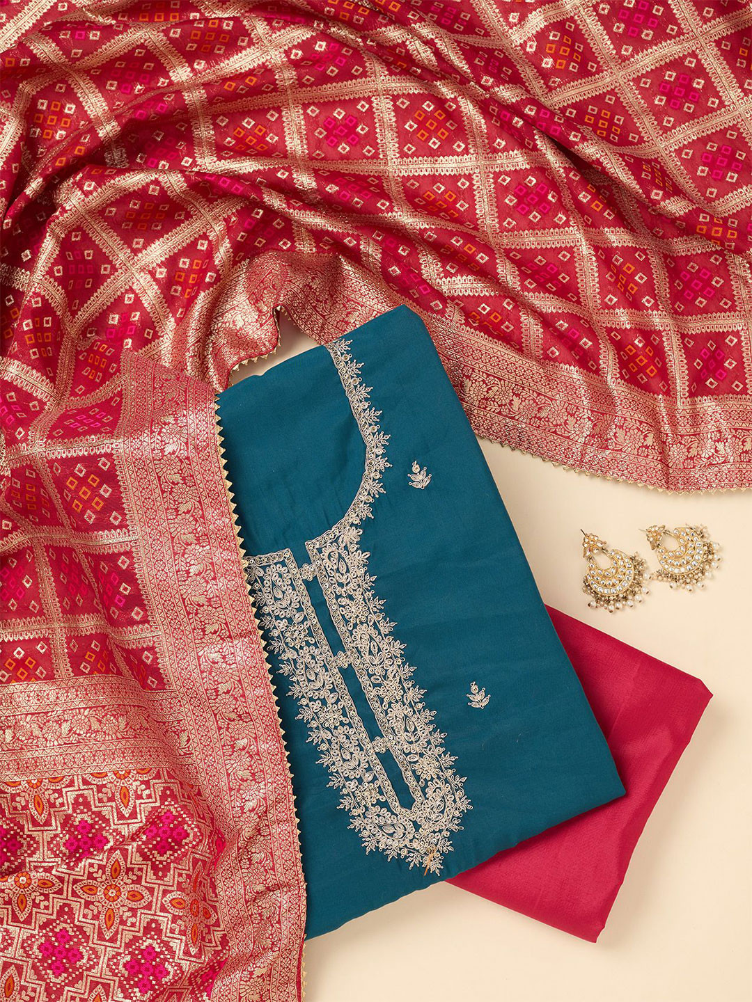 Koskii Blue Zari Work Soft Raw Silk Unstitched Salwar Suit