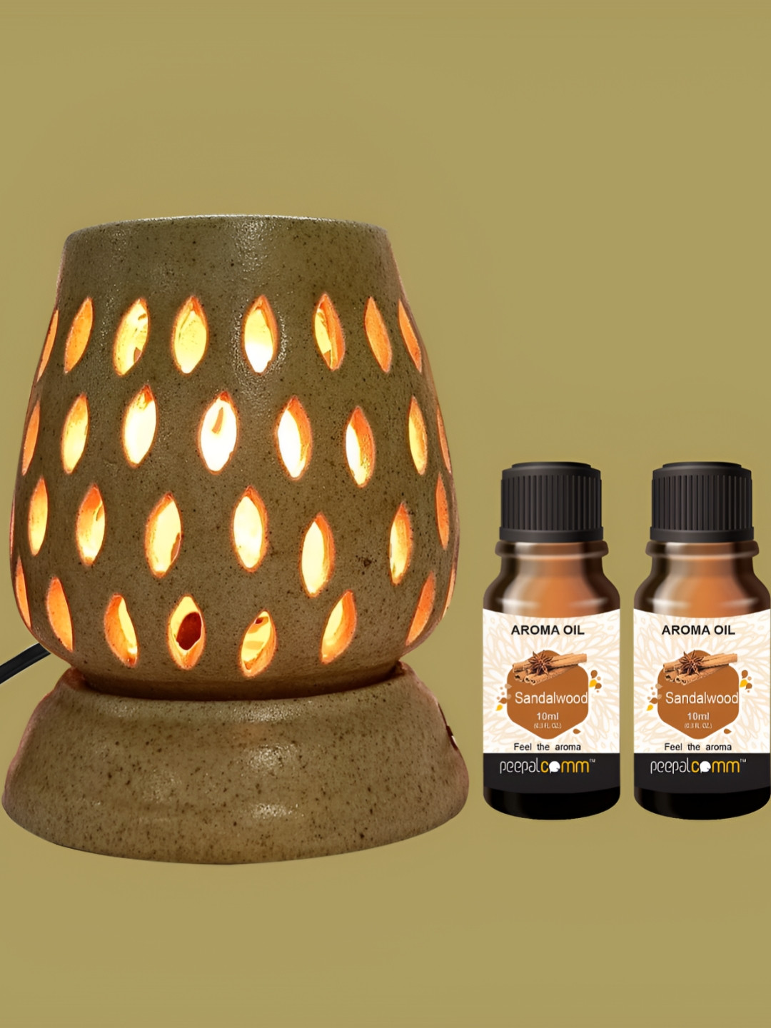 PEEPALCOMM 3Pcs Brown Printed Ceramic Long Electrical Diffuser With Sandalwood Aroma Oils