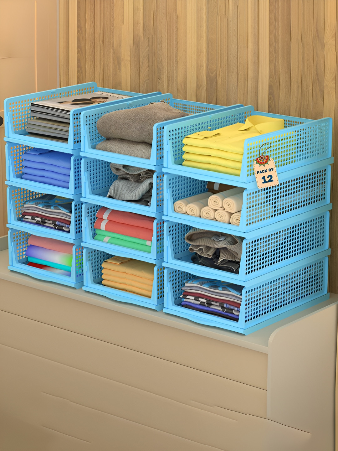 Aura Blue 12 Pcs Foldable Kids Wardrobe Organisers for Clothes Storage Drawer Organisers