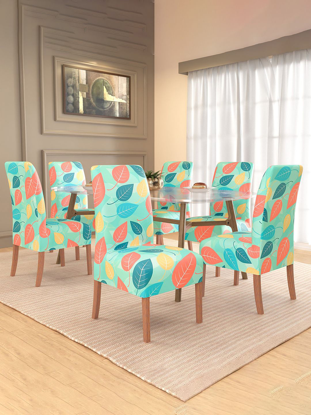 Kuber Industries 6-Pcs Blue & Green Leaf Printed Stretchable Dining Table Chair Covers