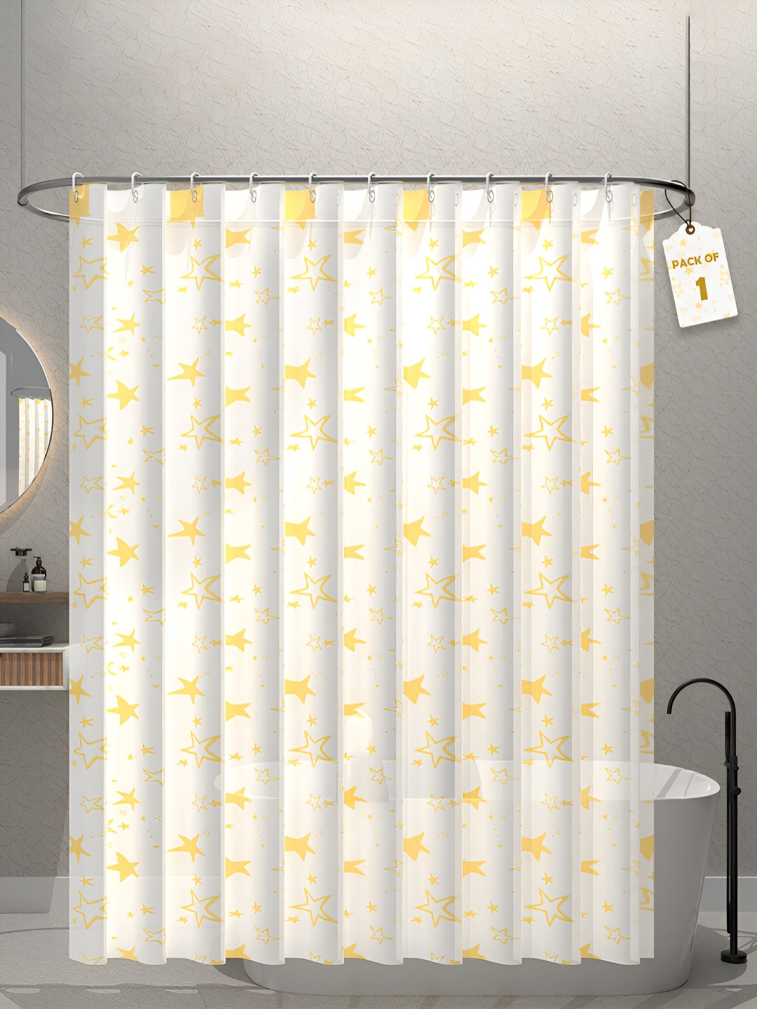 Aura White & Yellow Star Printed Waterproof ShowerCurtainWithHooks