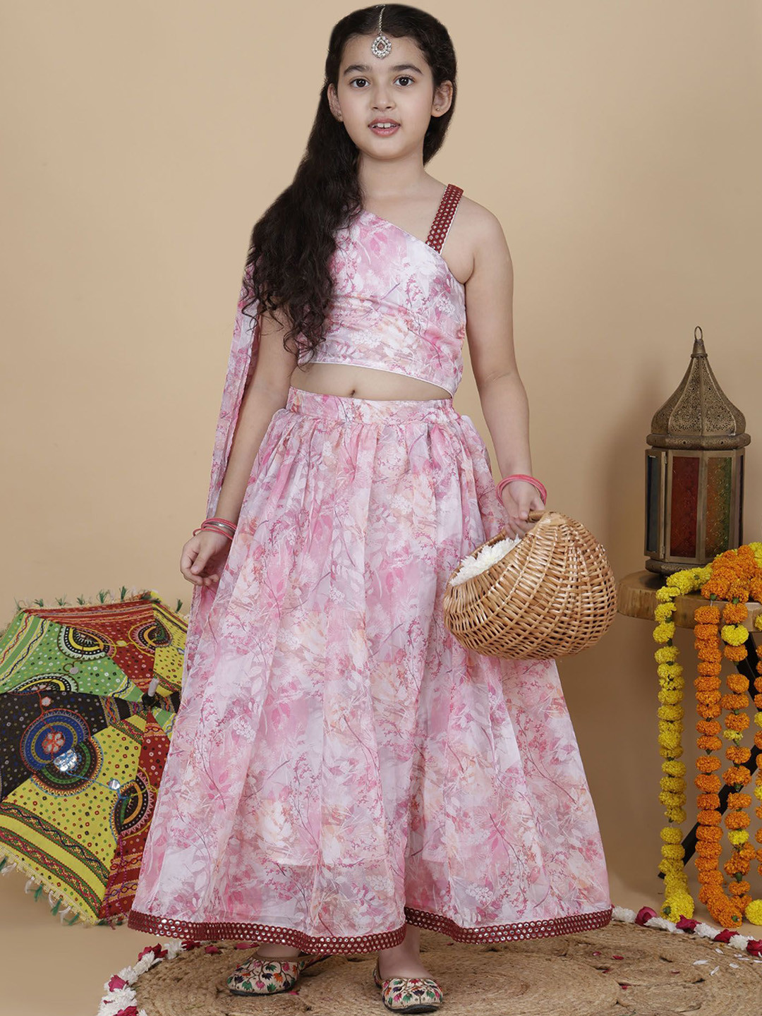 Sangria Girls Printed One Shoulder Ready To Wear Lehenga Choli