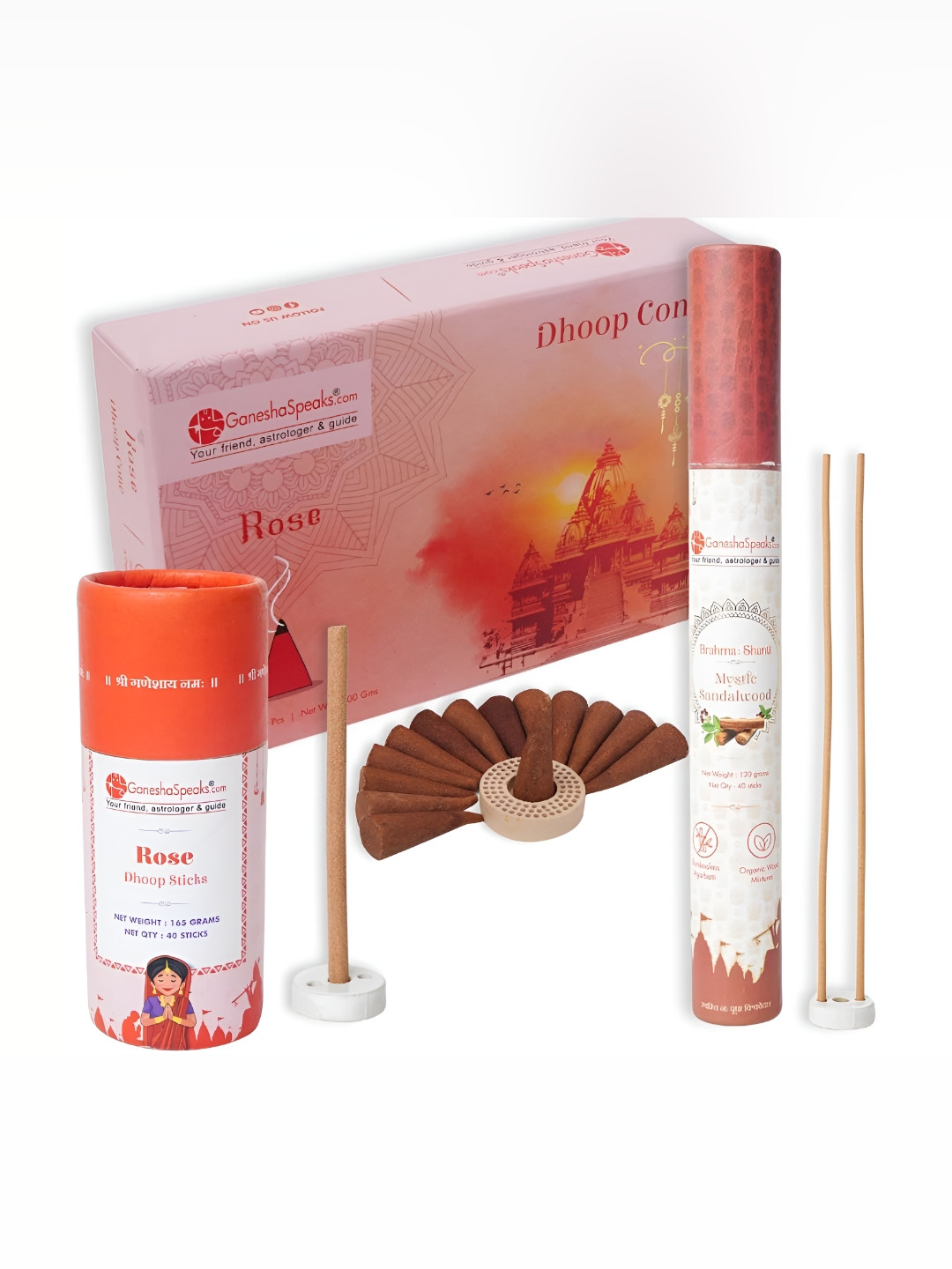 GaneshaSpeaks 3-Pcs Brown & Red Rose Dhoop Cones With Dhoop Stick & IncenseStick