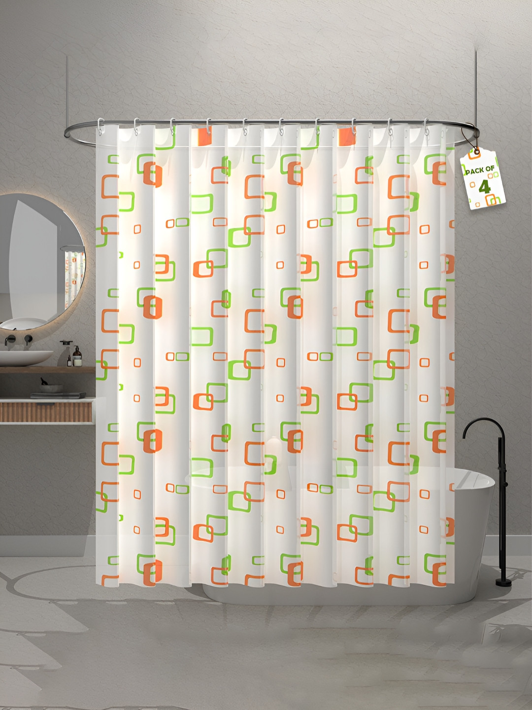 Aura 4-Pcs White & Green Block Printed Waterproof ShowerCurtainWithHooks