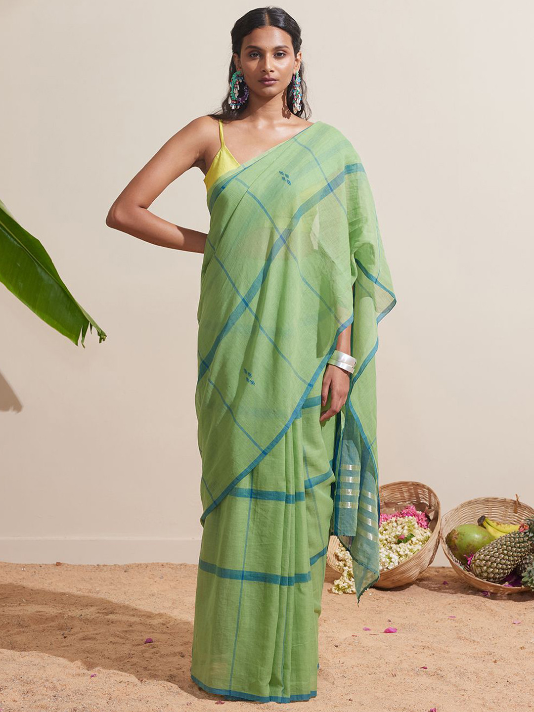Dressfolk Green And Blue Handloom Cotton Saree Geometric Motif With Blouse Piece