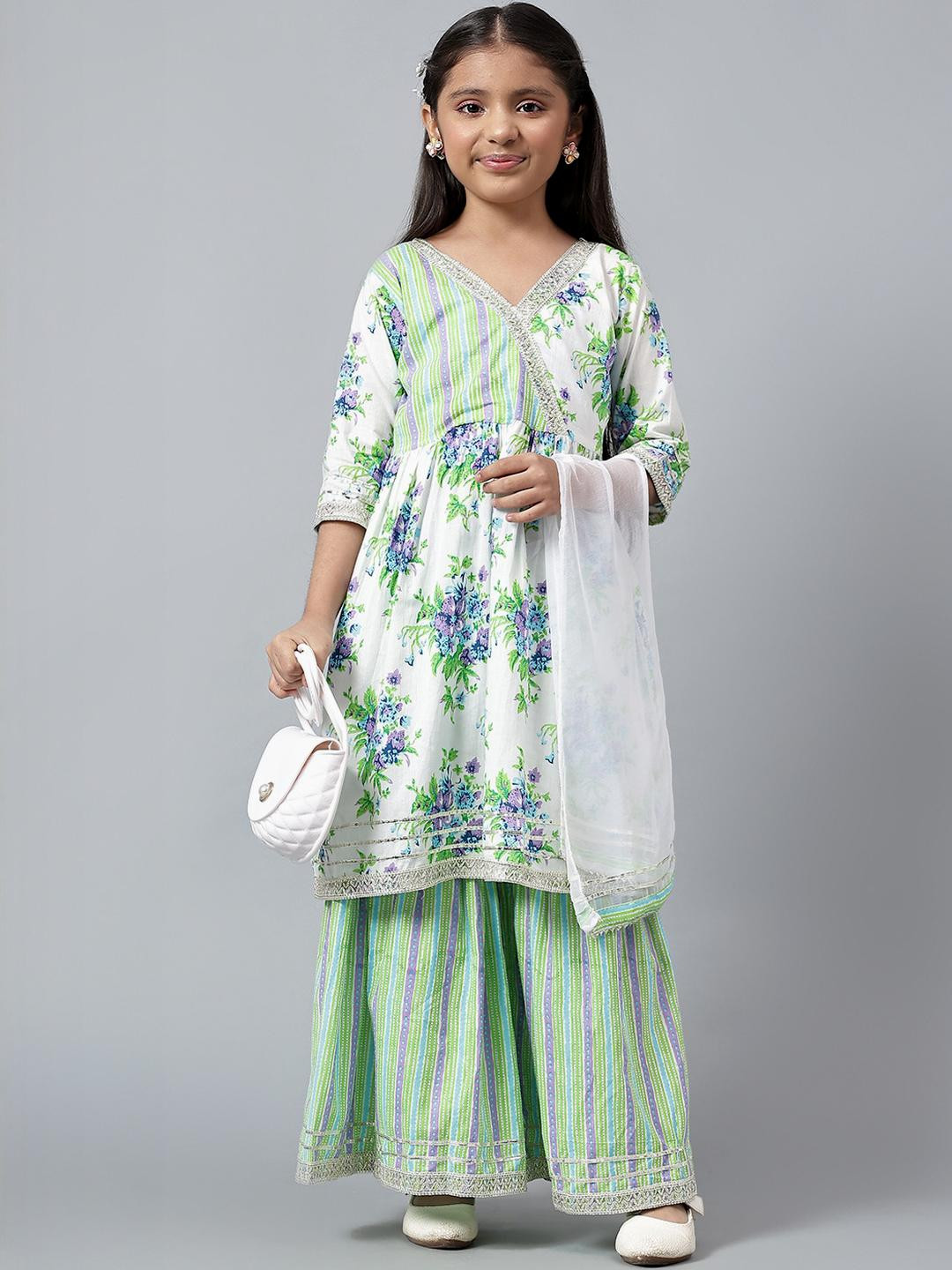 Little Dreams Baby Girls Floral Printed Pure Cotton Kurta & Sharara Set with Dupatta