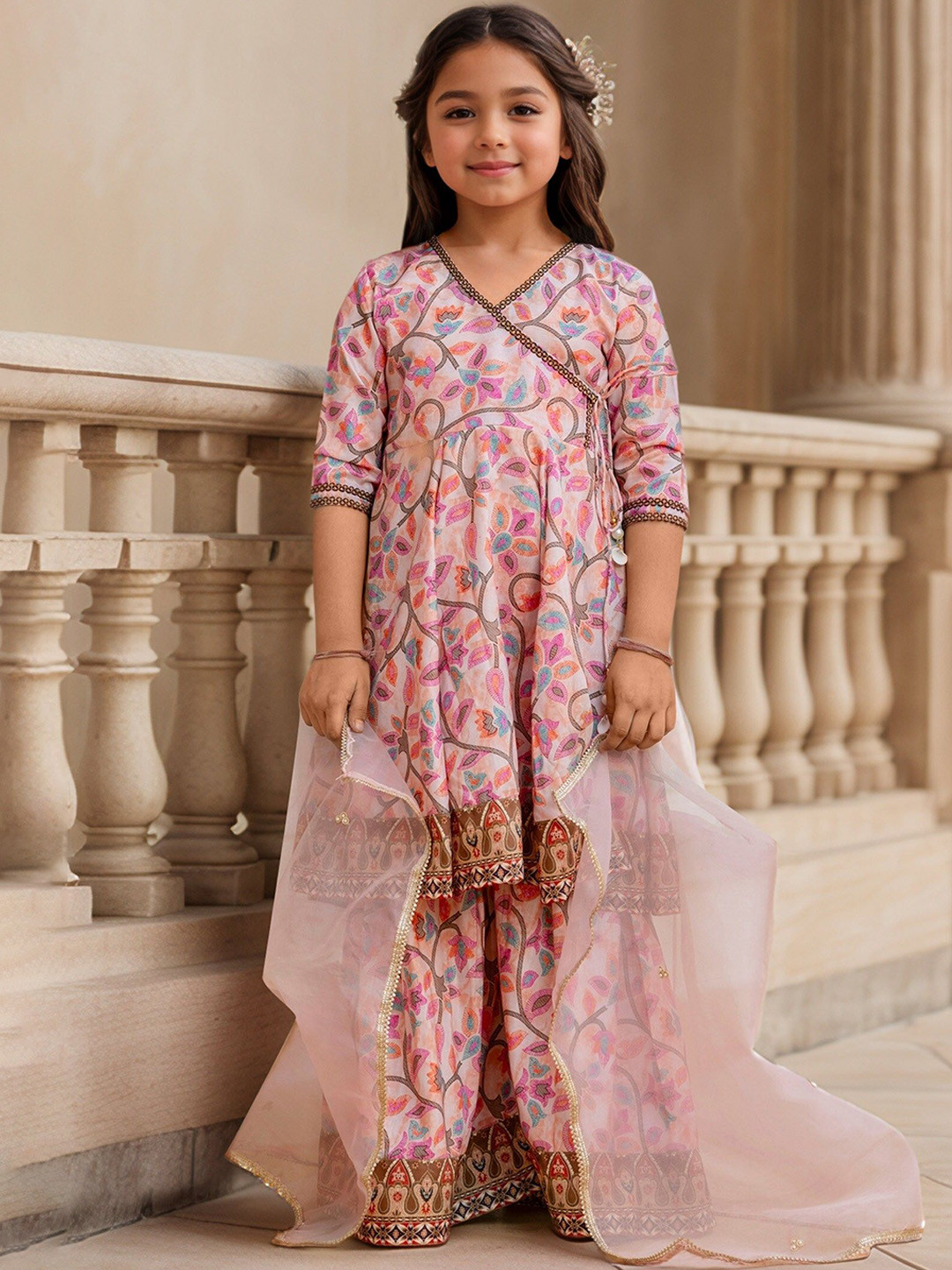 Sangria Girls Festive Printed Angrakha Muslin Kurta & Sharara With Dupatta