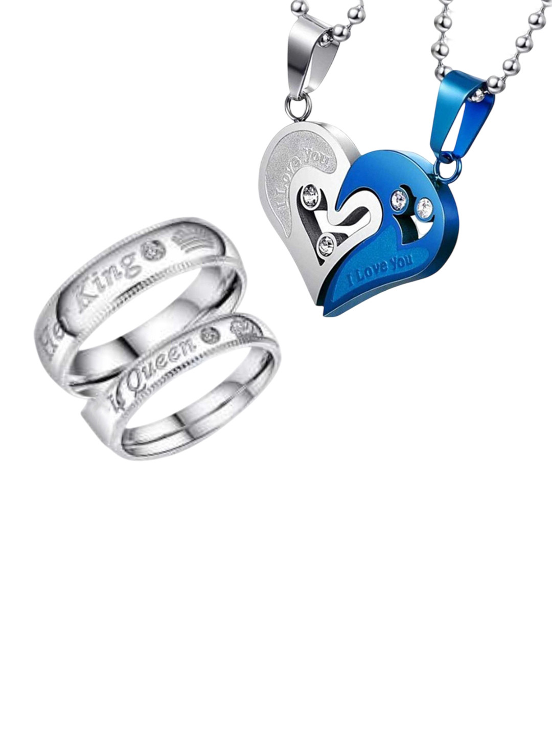 J.S ENTERPRISES Set Of 2 Heart Pendant Chain & Finger Ring Couple Jewellery Set