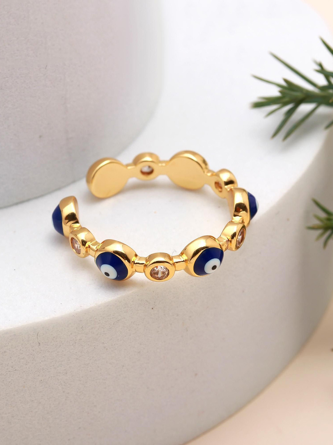 ORO ALMA Gold-Plated Evil-Eye Beads & Stone Studded Adjustable Finger Ring