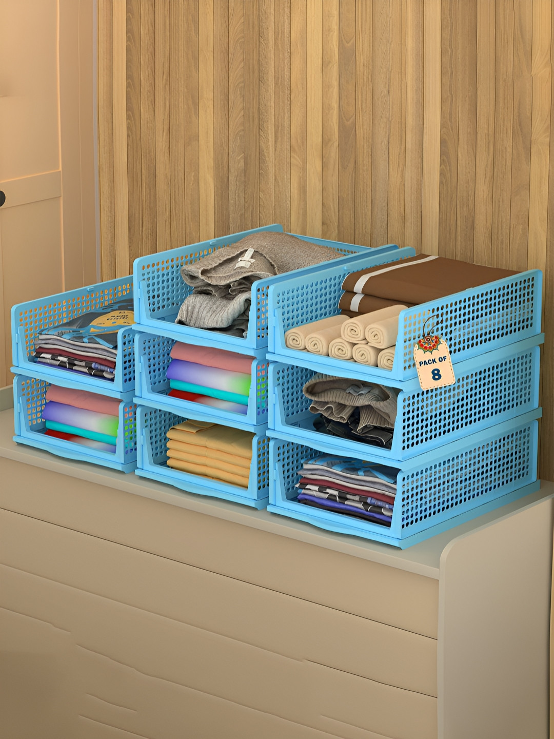 Aura Blue 8 Pcs Foldable Kids Wardrobe Organisers for Clothes Storage Drawer Rack
