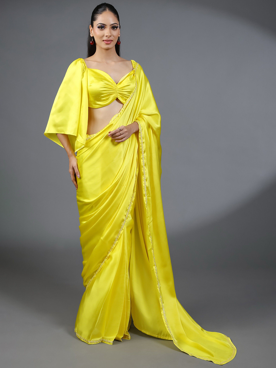 HANDME Sunshine Premium Rich Satin Saree with Embellished Lace and Blouse Fabric