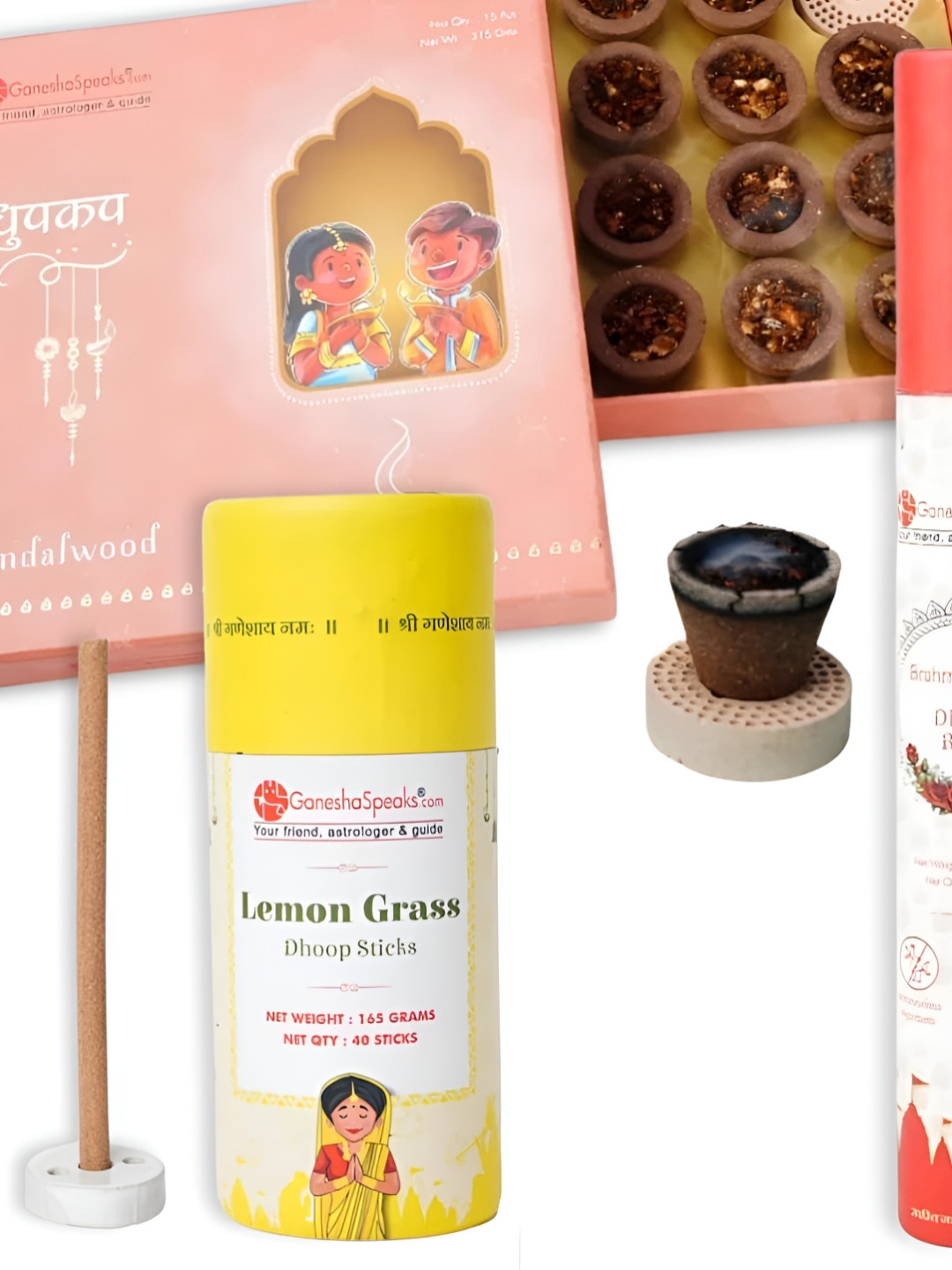 GaneshaSpeaks 55-Pcs Brown Sandalwood Dhoop Cup & Lemongrass Dhoop Stick, Incense Sticks