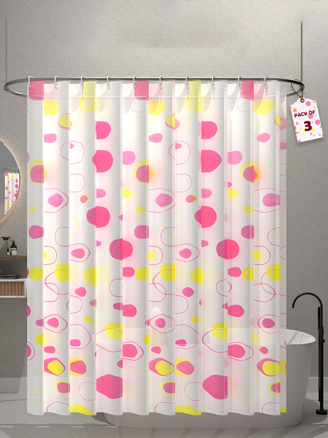 Aura 3-Pcs Pink & Yellow Bubbles Printed Waterproof ShowerCurtainWithHooks