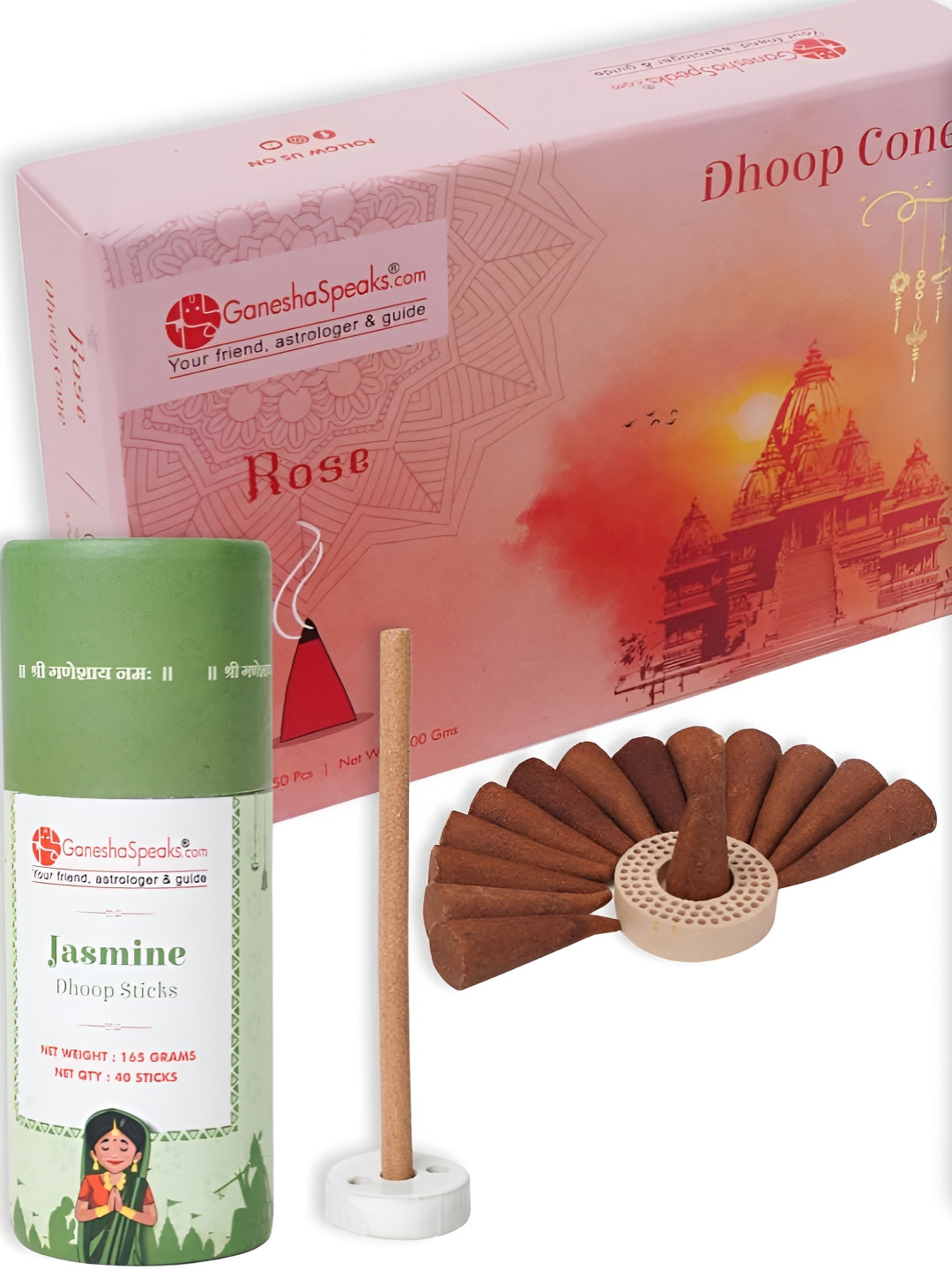GaneshaSpeaks 15-Pcs Brown Rose Dhoop Cones & Jasmine Dhoop Stick, Incense Stick