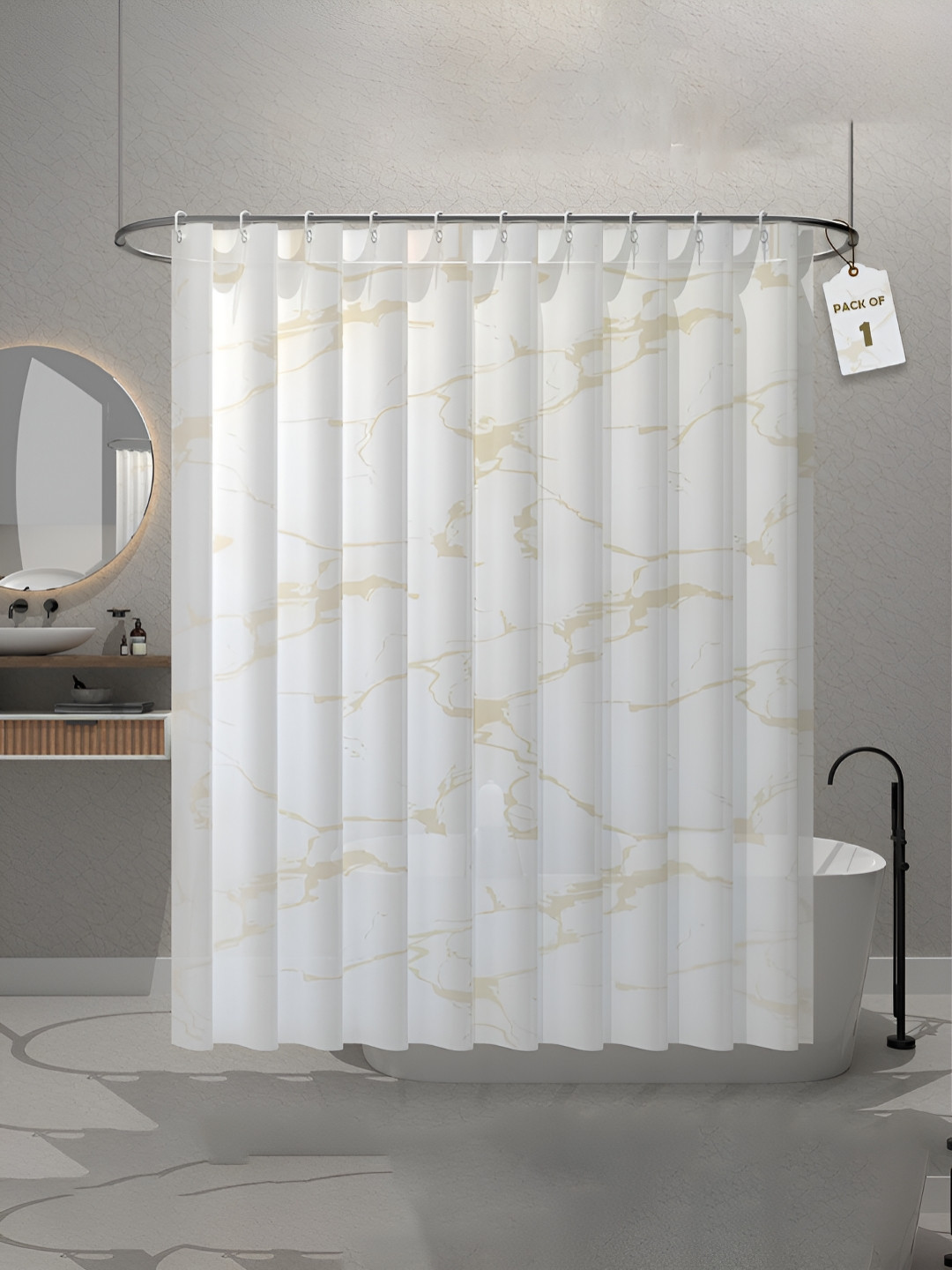 Aura White & Beige Marble Printed Waterproof ShowerCurtainWithHooks