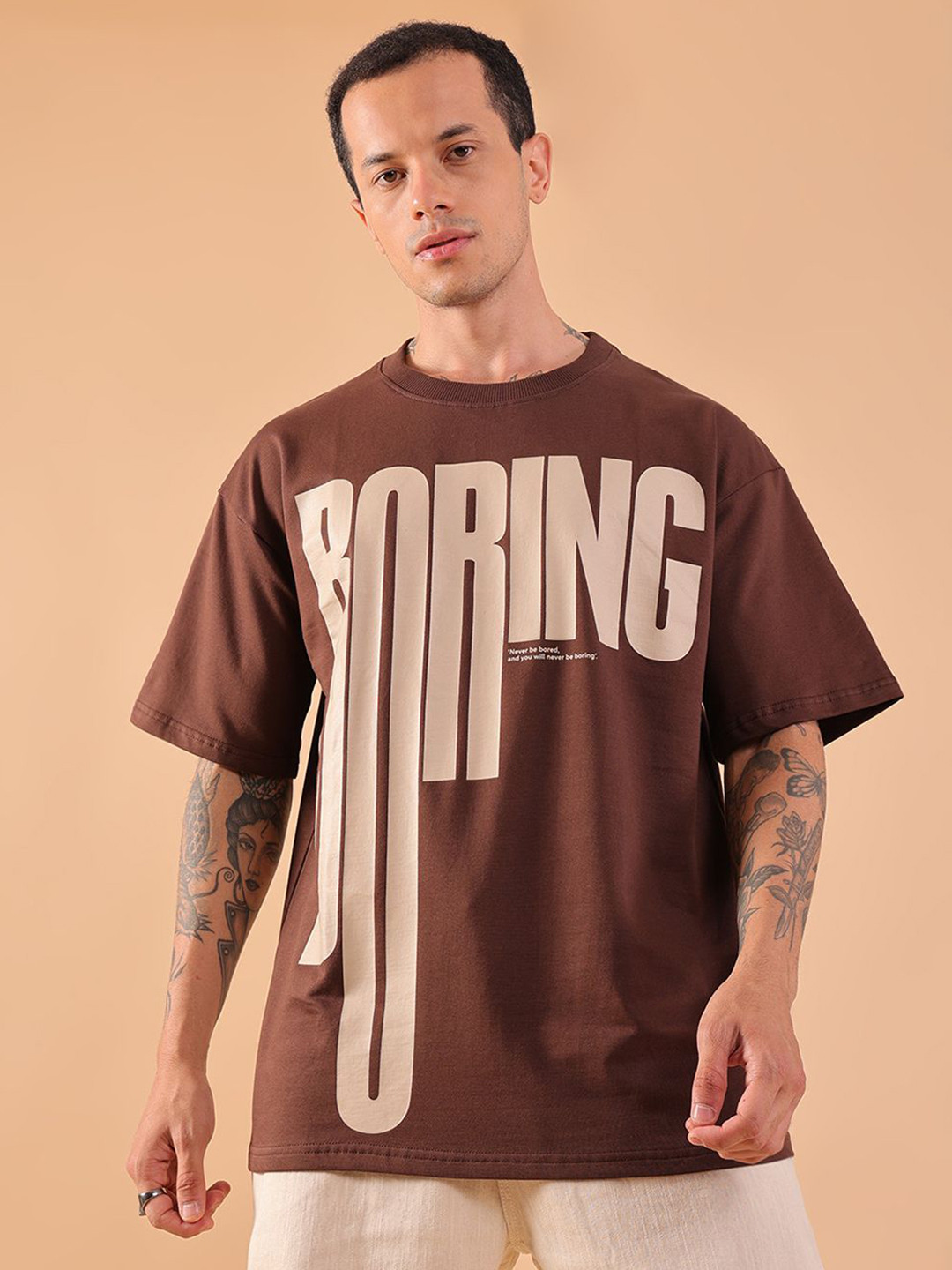 HangerLoop Typography Round Neck Drop Shoulder Sleeves Printed Cotton T-shirt