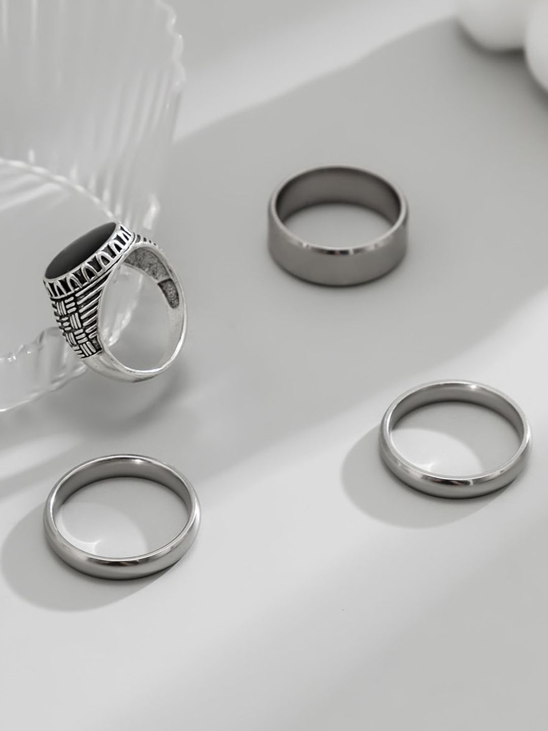 StyleCast x Revolte Men Pack of 4 Silver-Plated Stone Studded Finger Rings