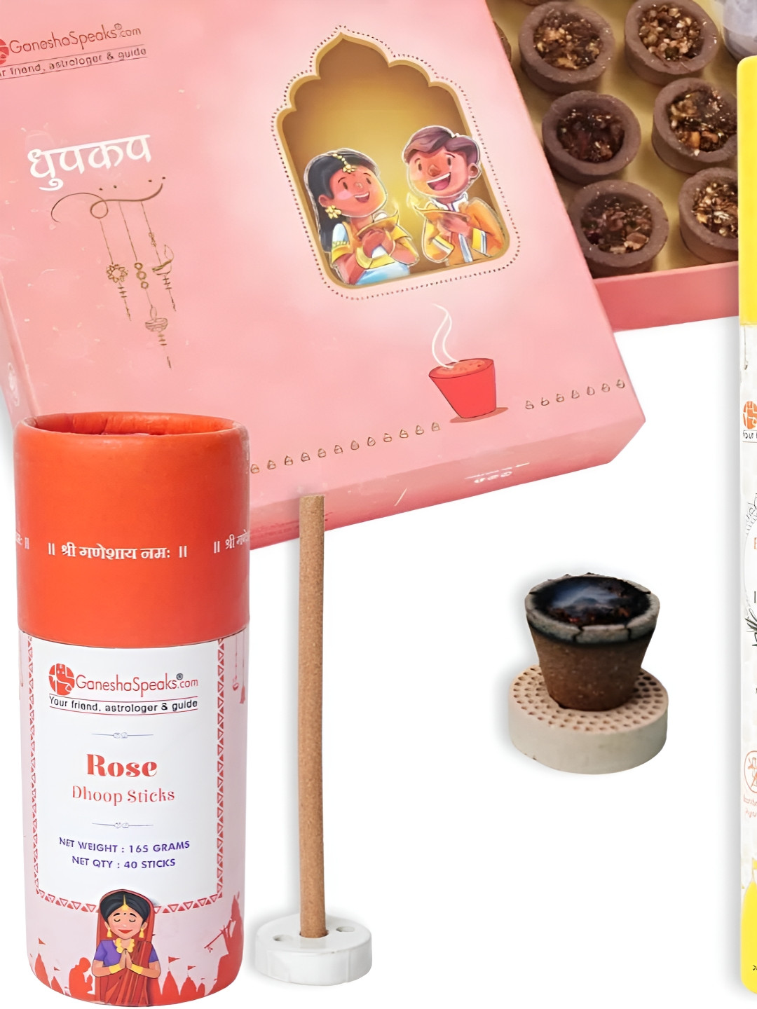 GaneshaSpeaks 55-Pcs Brown Rose Dhoop Cup, Dhoop Stick & Lemongrass Incense Stick