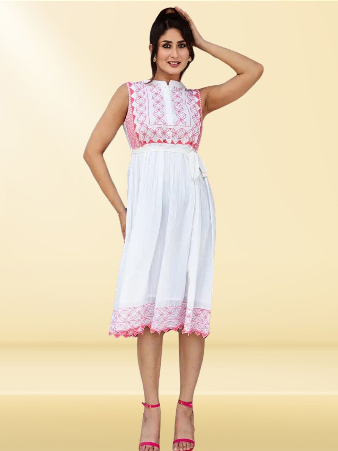 MYROR Ethnic Motifs Emboridered Mandairan Coller Fit & Flare Dress