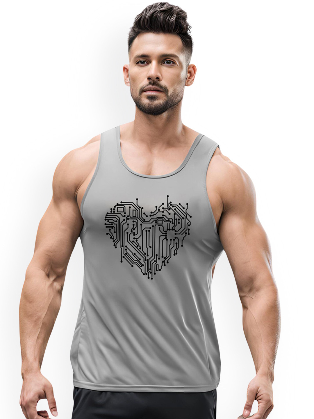 3Colors Printed Dry-Fit Sleeveless Gym Vest VEST-NCUT-ROBOT HEART-GREY_M