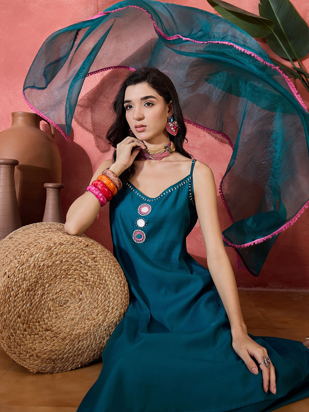 Sangria Women Embroidered Mirror Work Shoulder Straps With Trouser & Dupatta