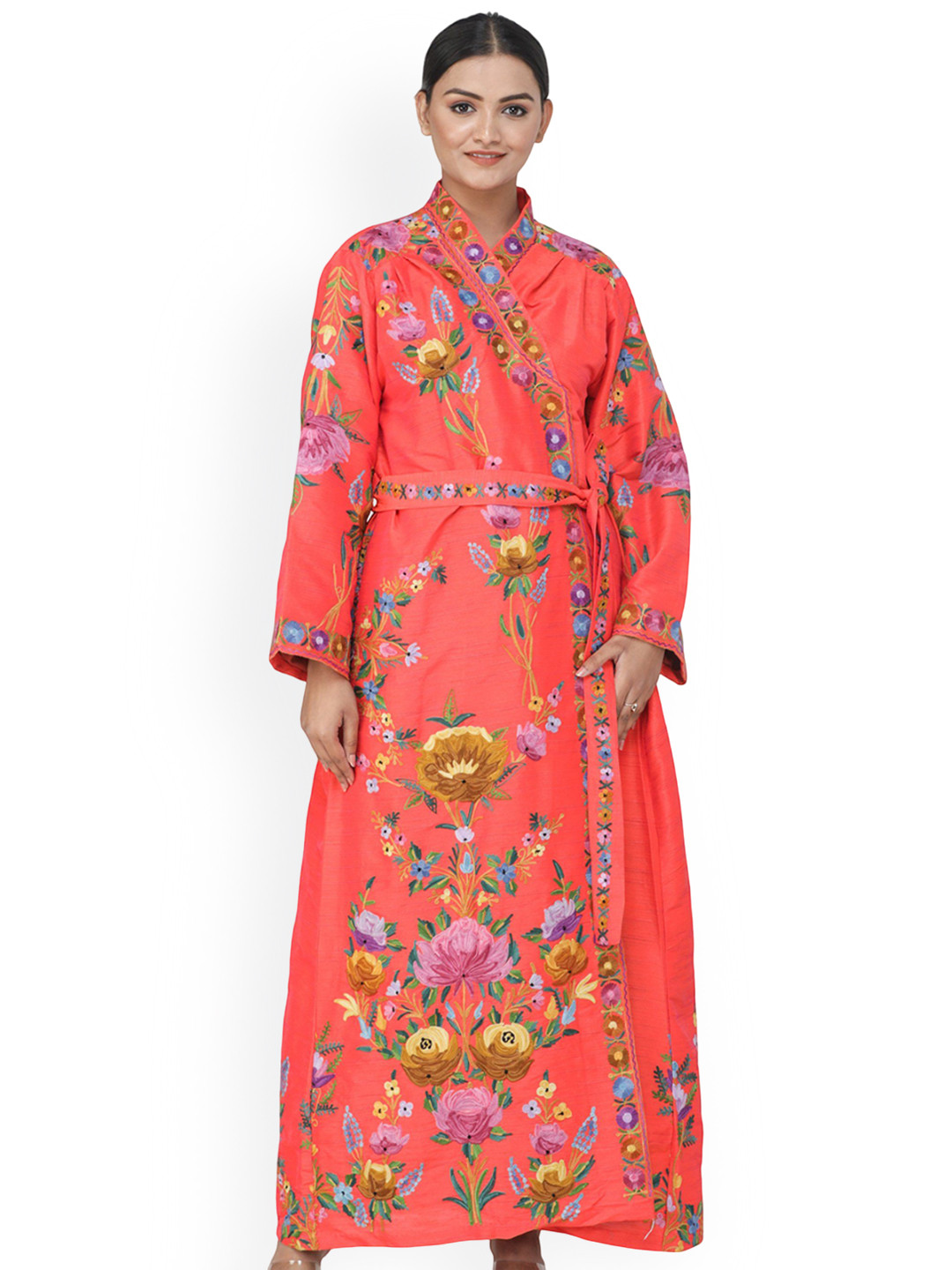 Exotic India Aari Embroidered Multicolored Flowers Kashmiri Robe