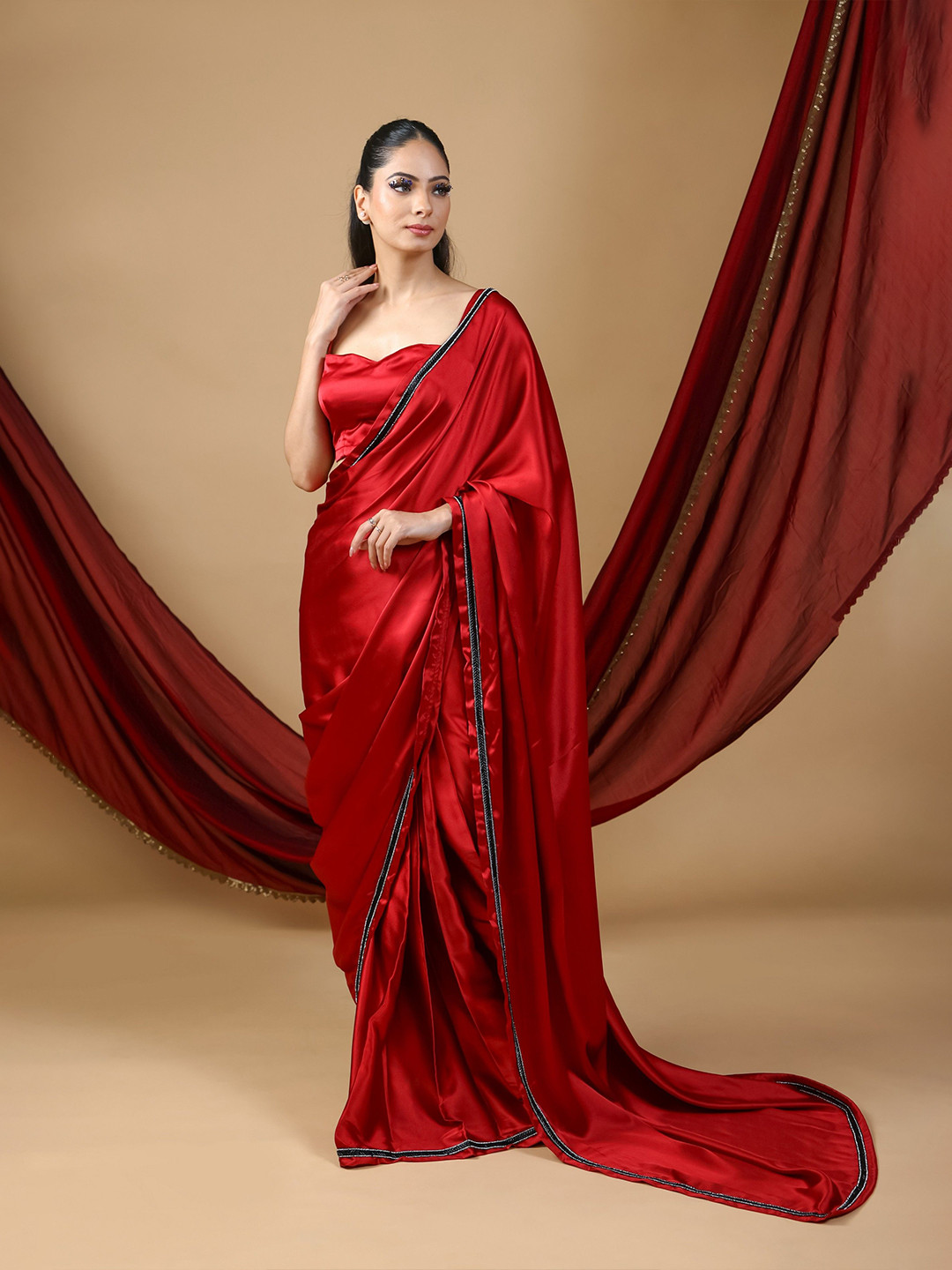 HANDME Embroidered Satin Saree with Blouse Piece