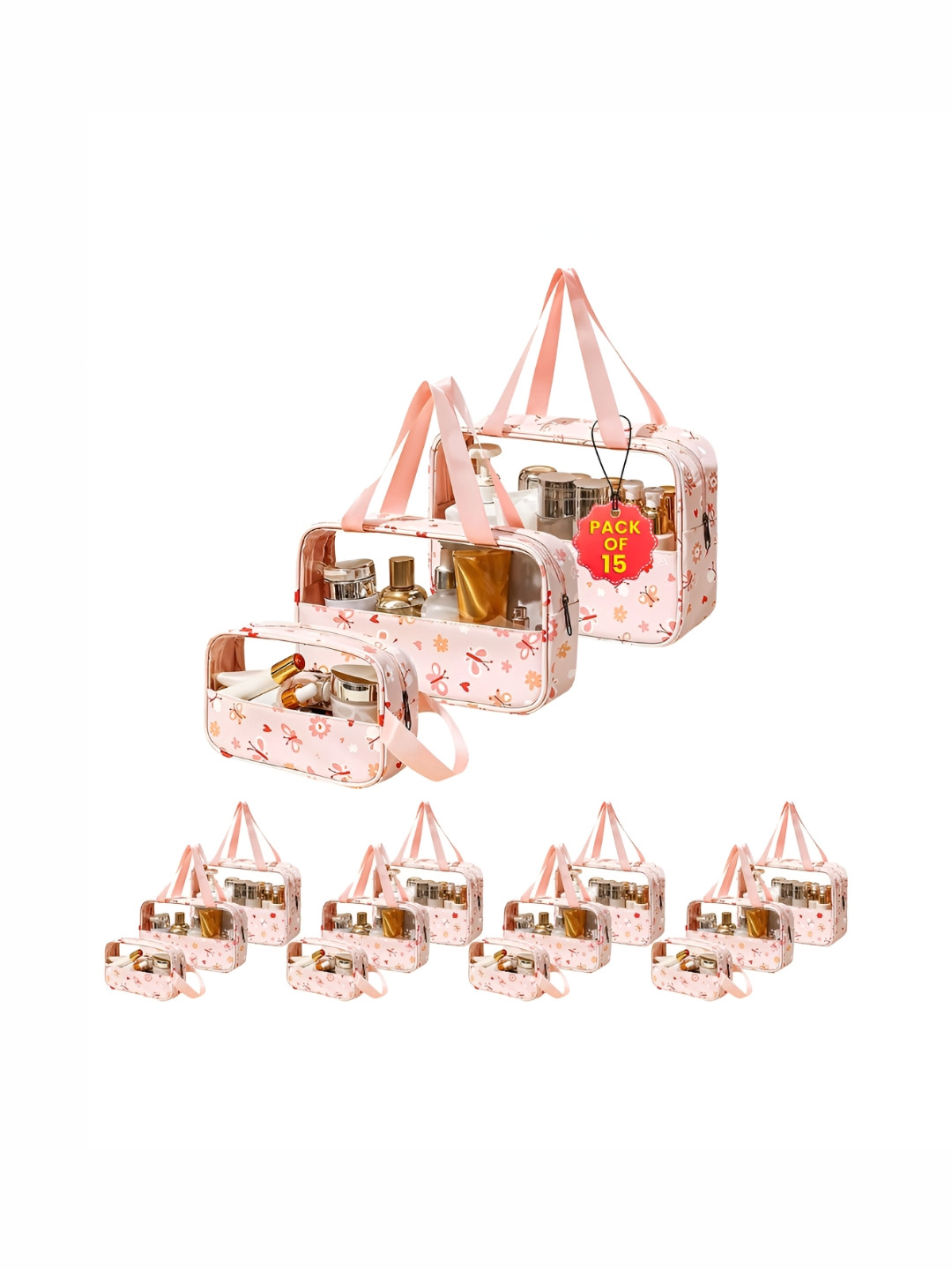 Aura Pink Set of 15 Regular Makeup Organiser Toiletry Pouch