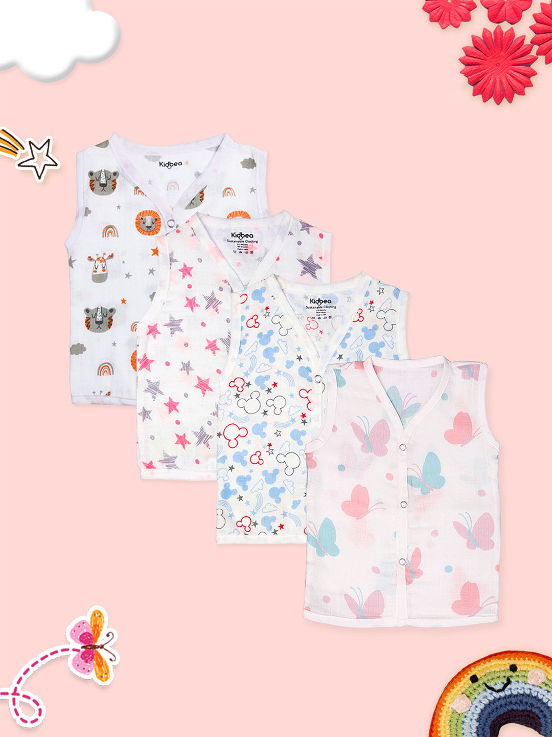 Kidbea Unisex Baby Pack of 4 Printed Muslin Cotton Jhabla