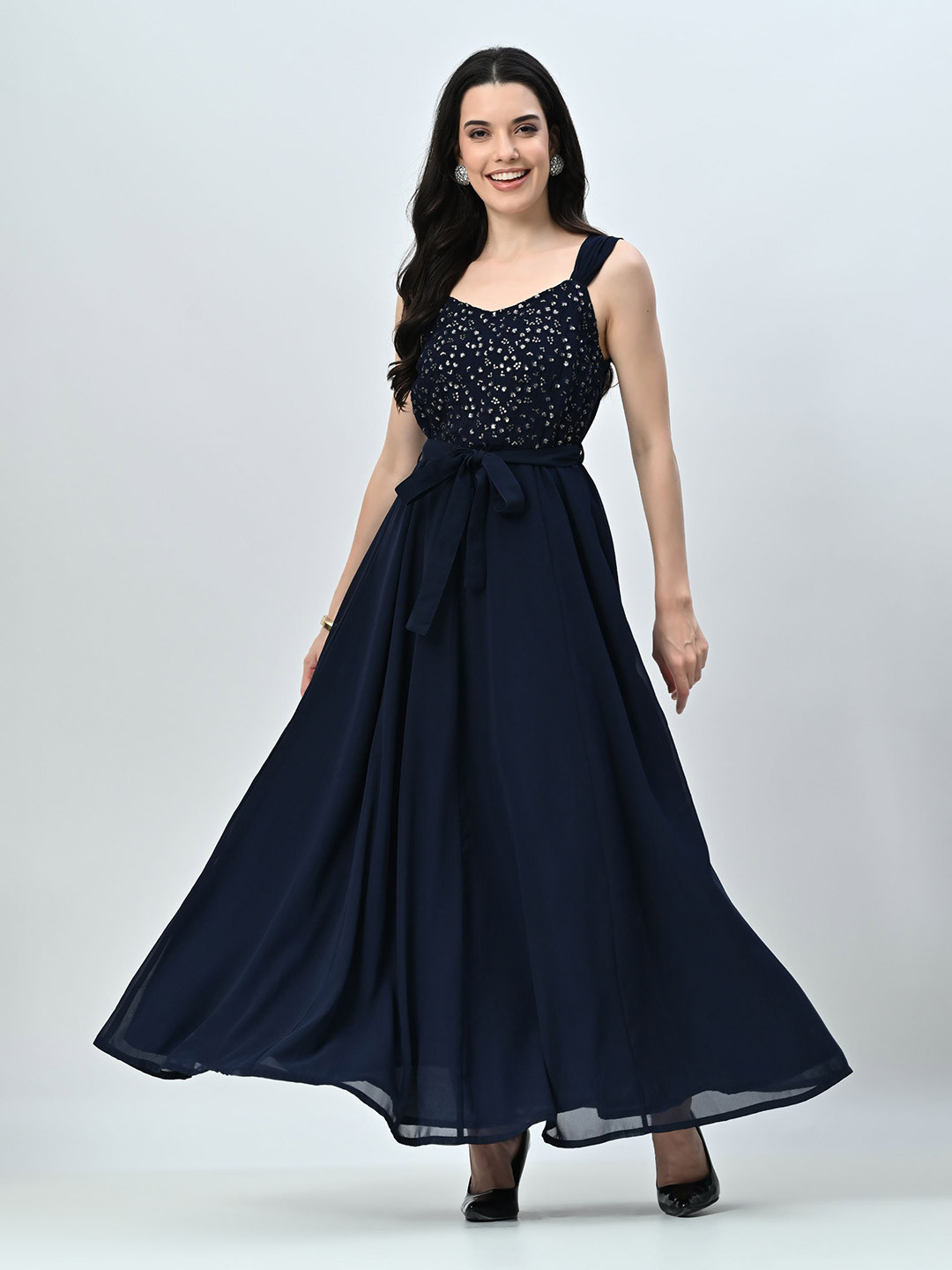 OTIRA Women Embellished Shoulder Straps Fit and Flare Maxi Dress