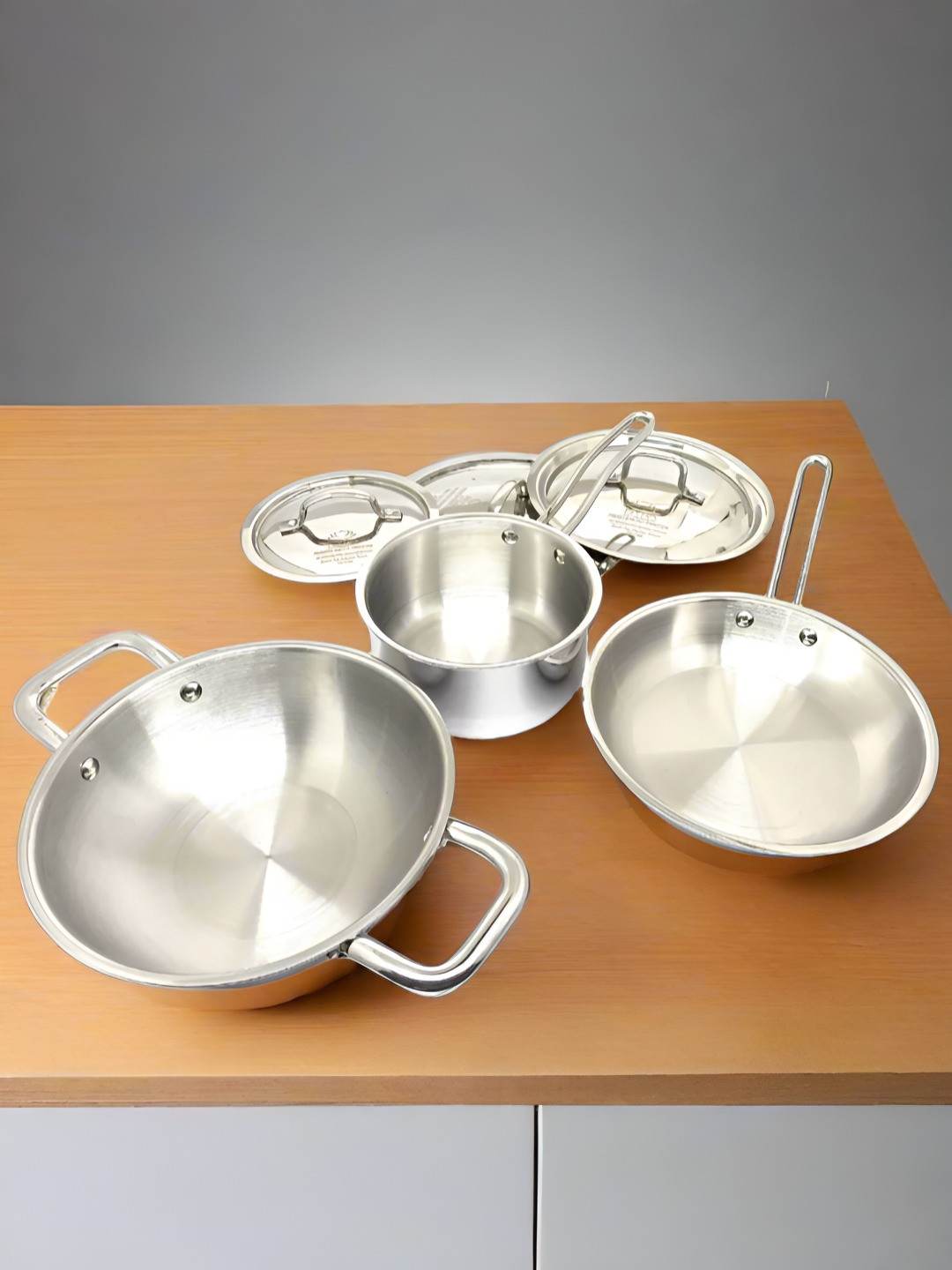 Nyra Kitchenware Steel 3 Pieces Tri-Ply Stainless Steel Frypan, Saucepan & Wok Cookware