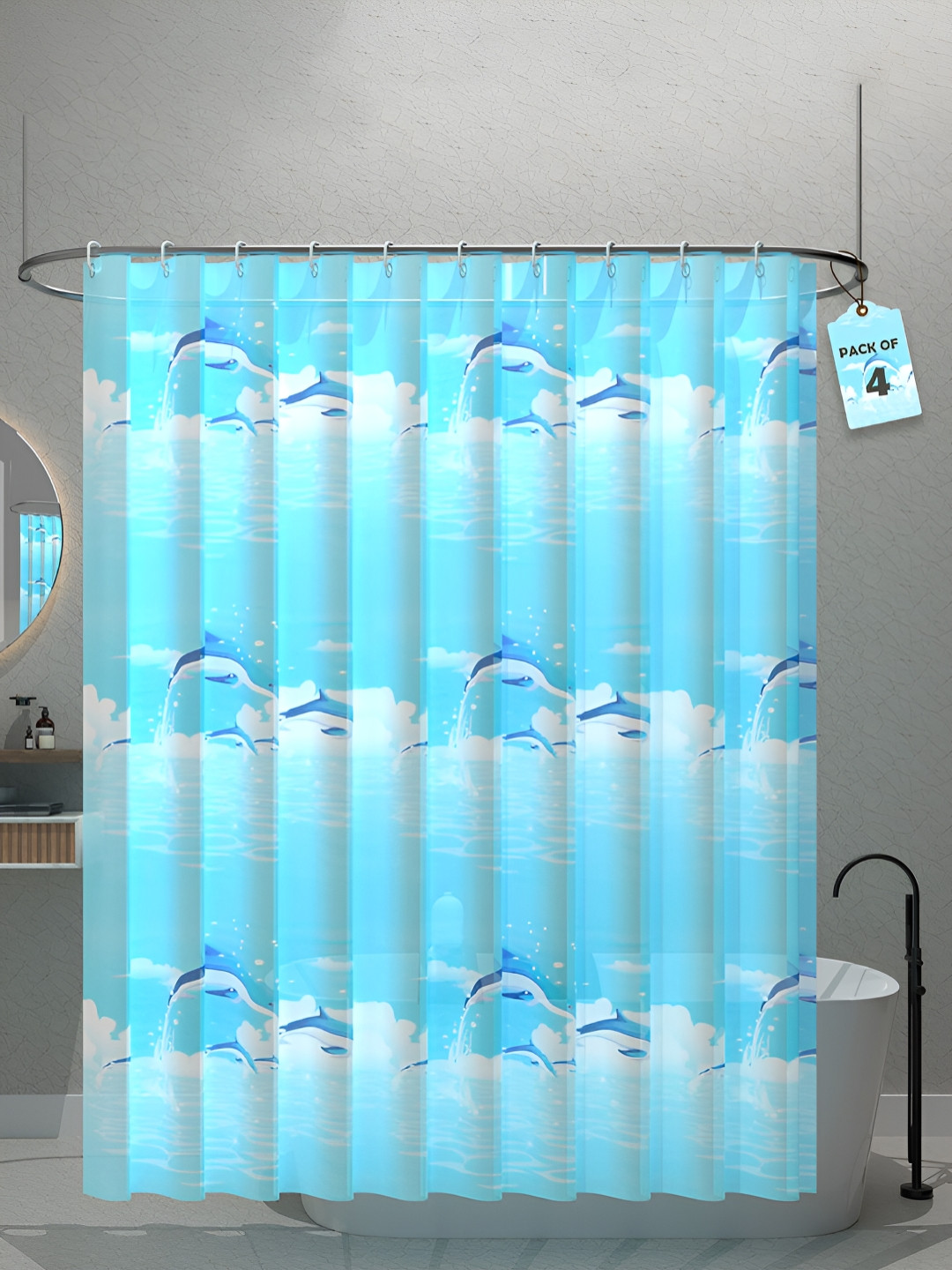 Aura 4-Pcs Blue Shark Printed Waterproof ShowerCurtainWithHooks