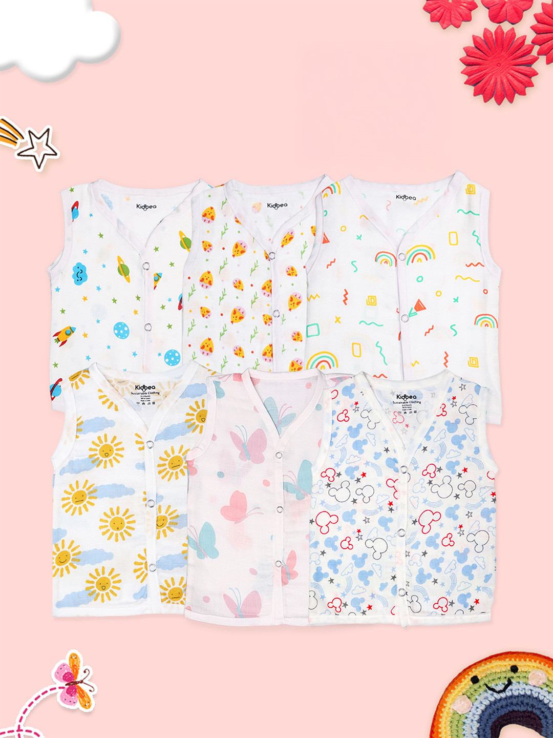 Kidbea Infants Pack Of 6 Printed Pure Bamboo Jhabla JH_14_PO6_03