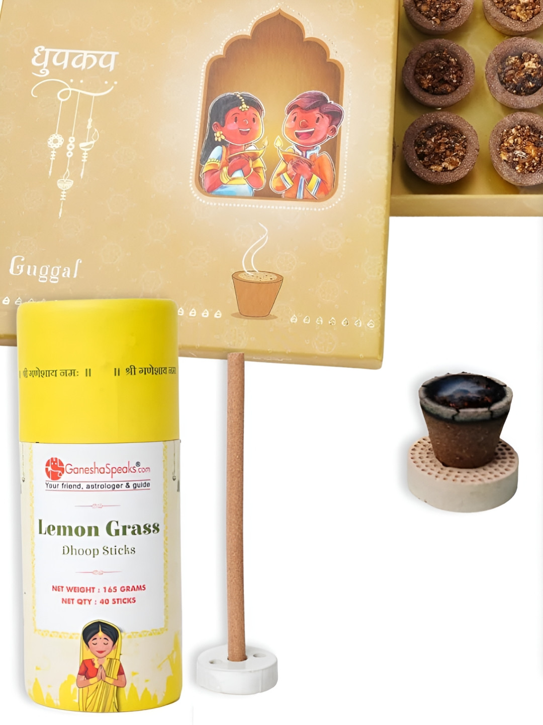 GaneshaSpeaks 15Pcs Brown Guggal Dhoop Cup & Lemongras Dhoop Stick, Jasmine Incense Stick