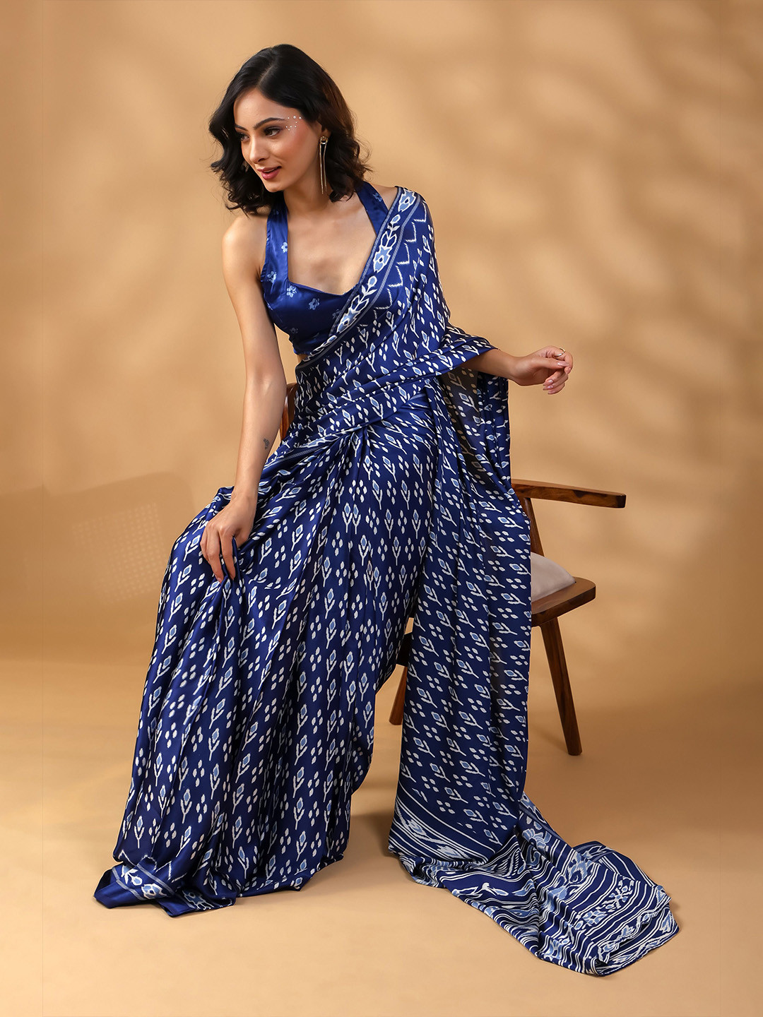 HANDME Indigo Whisper Satin Saree in Deep Blue Hues with Unstitched Blouse