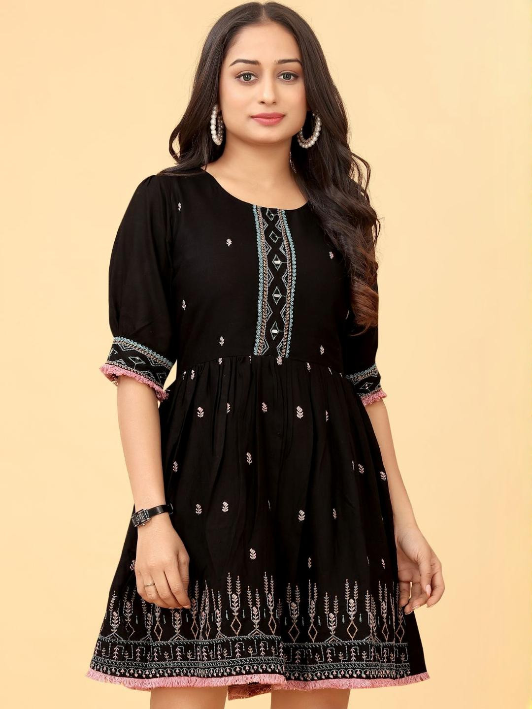 SZN Ethnic Motifs Embroidered Puff Sleeve Fit & Flare Dress