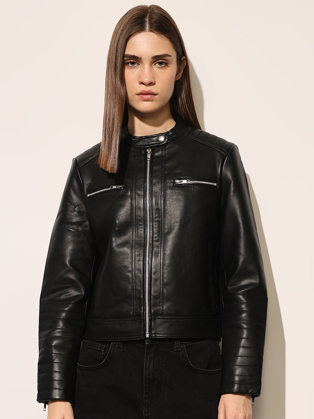 ONLY Women Mandarin Collar Solid Casual Leather Jacket