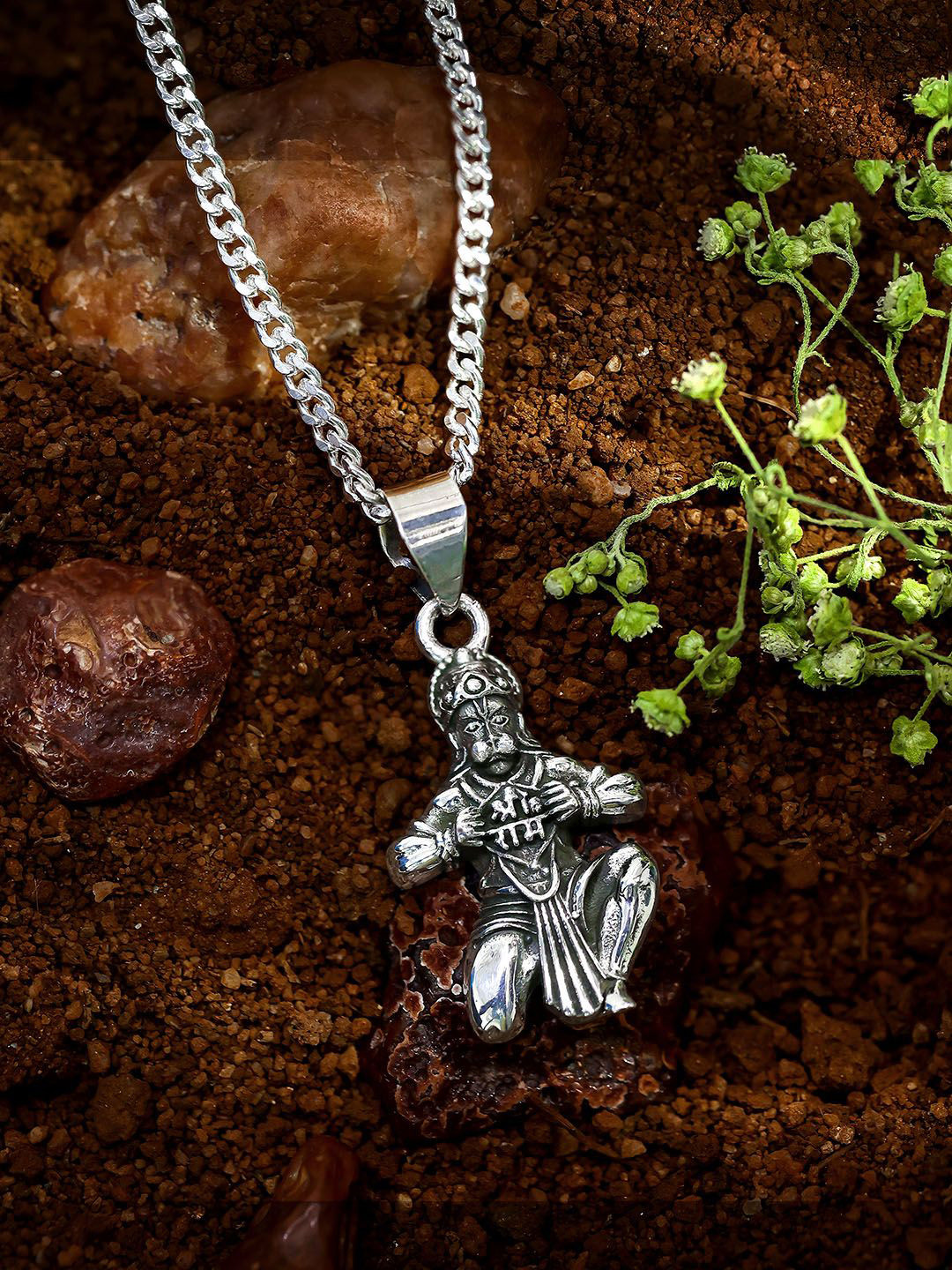 Tweov Jewels Rhodium-Plated Shri Ram Carved Hanuman Ji Pendant