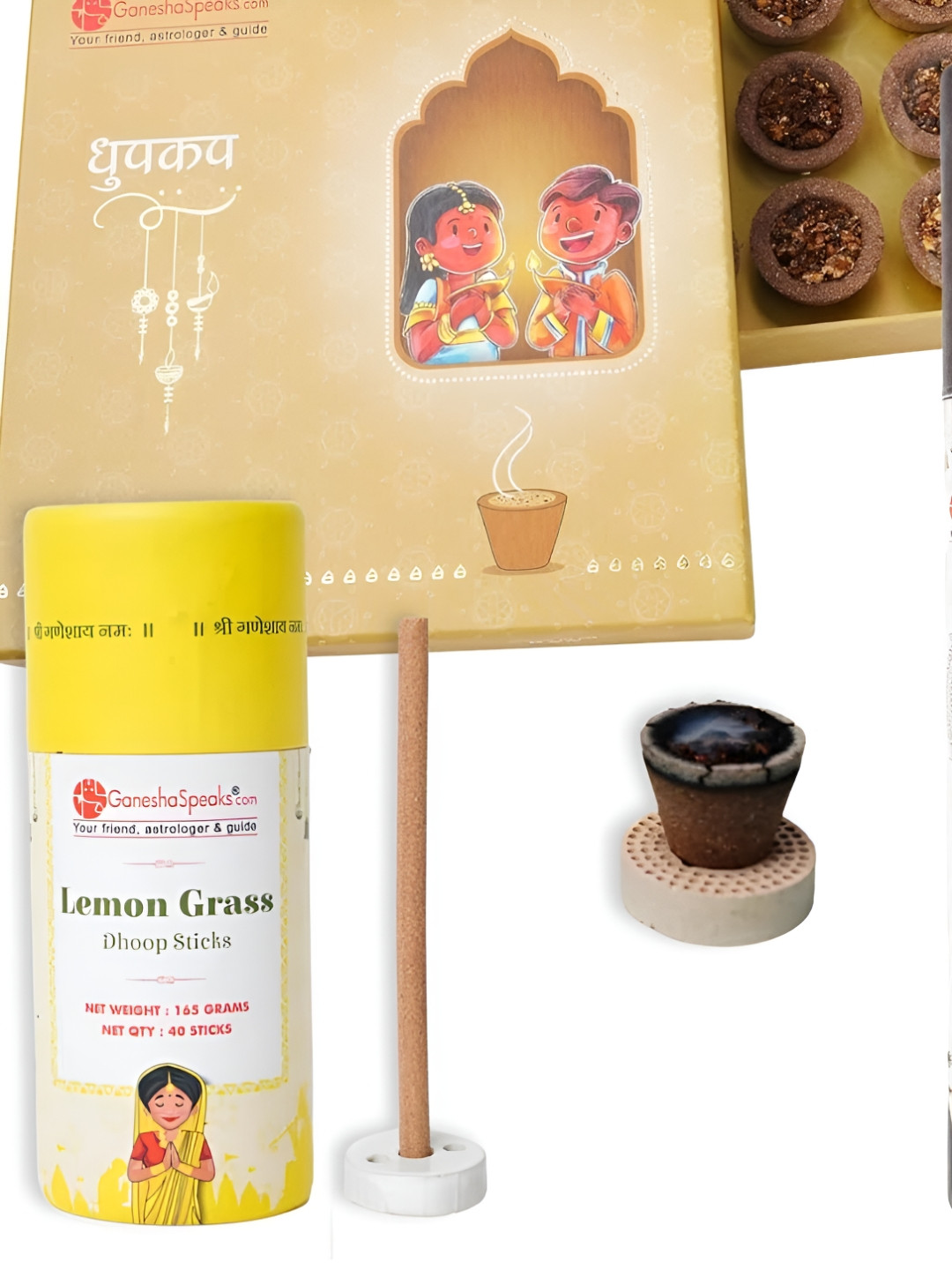 GaneshaSpeaks 55Pc Brown Guggal Dhoop Cup & Lemongrass Dhoop Stick, Amberoud Incense Stick